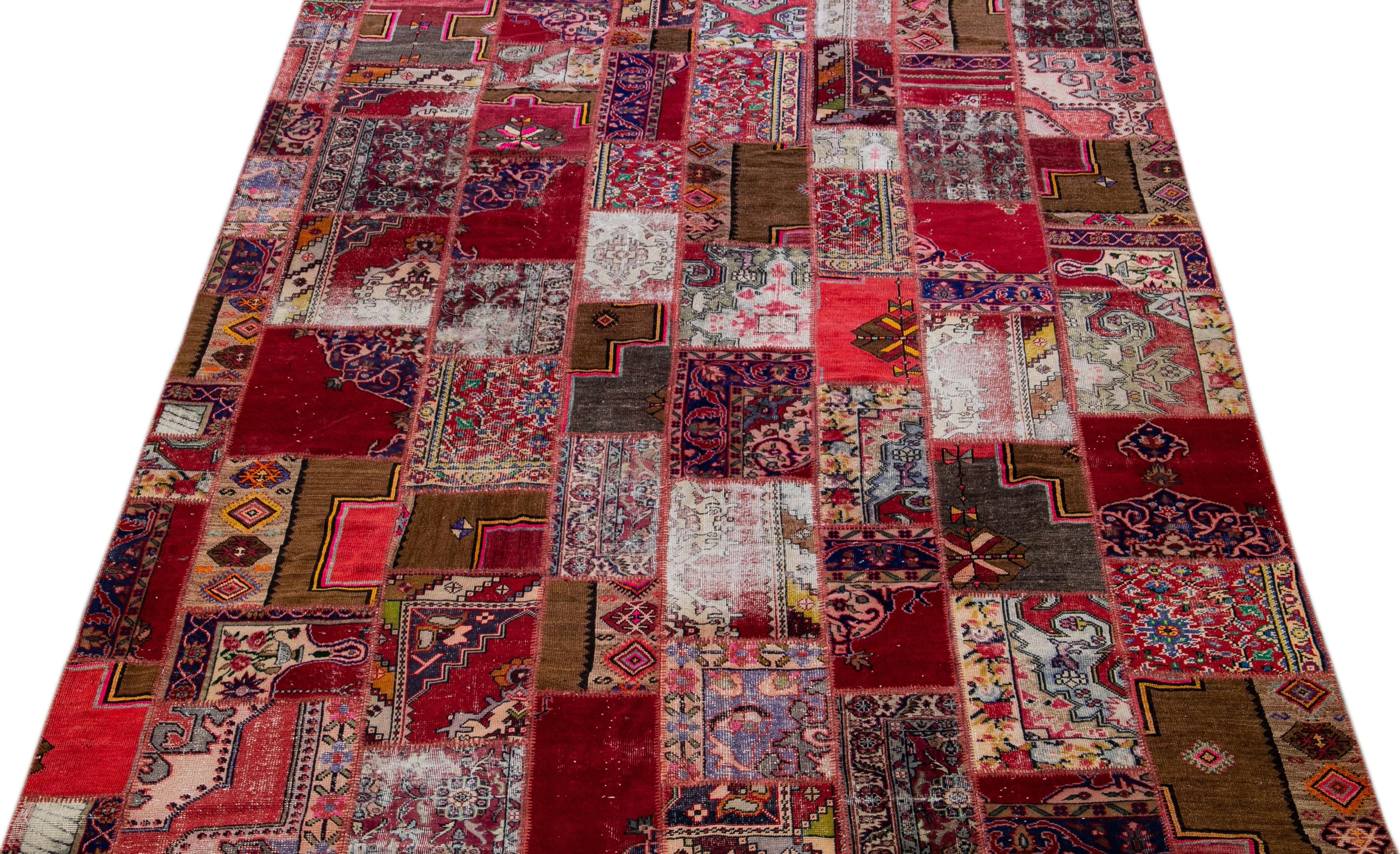 Hand-Knotted Vintage Turkish Handmade  Wool Rug with Multicolor Patchwork Design For Sale