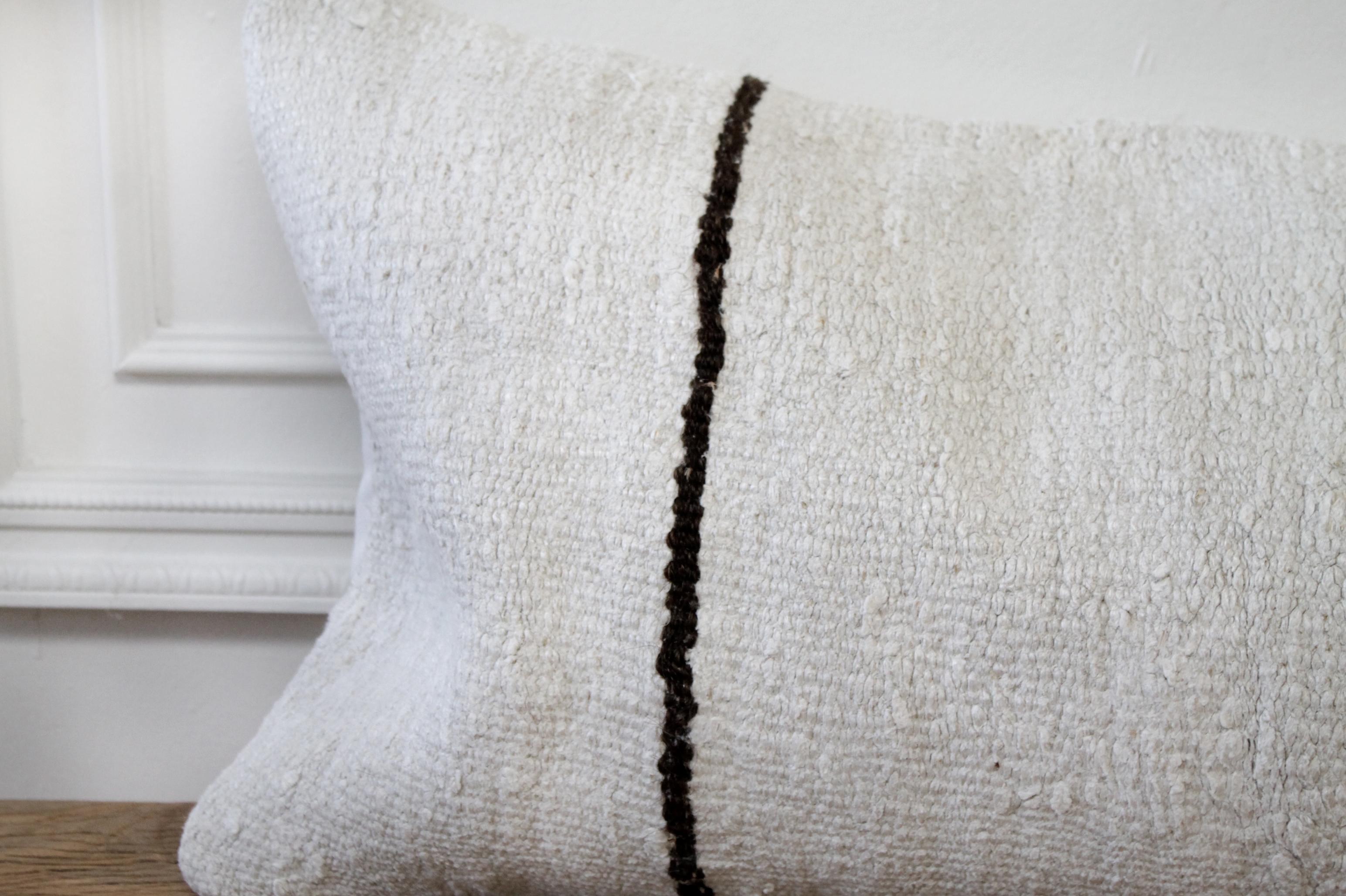 Minimalist Vintage Turkish Hemp Rug Pillow in Off White with Stitched Pattern