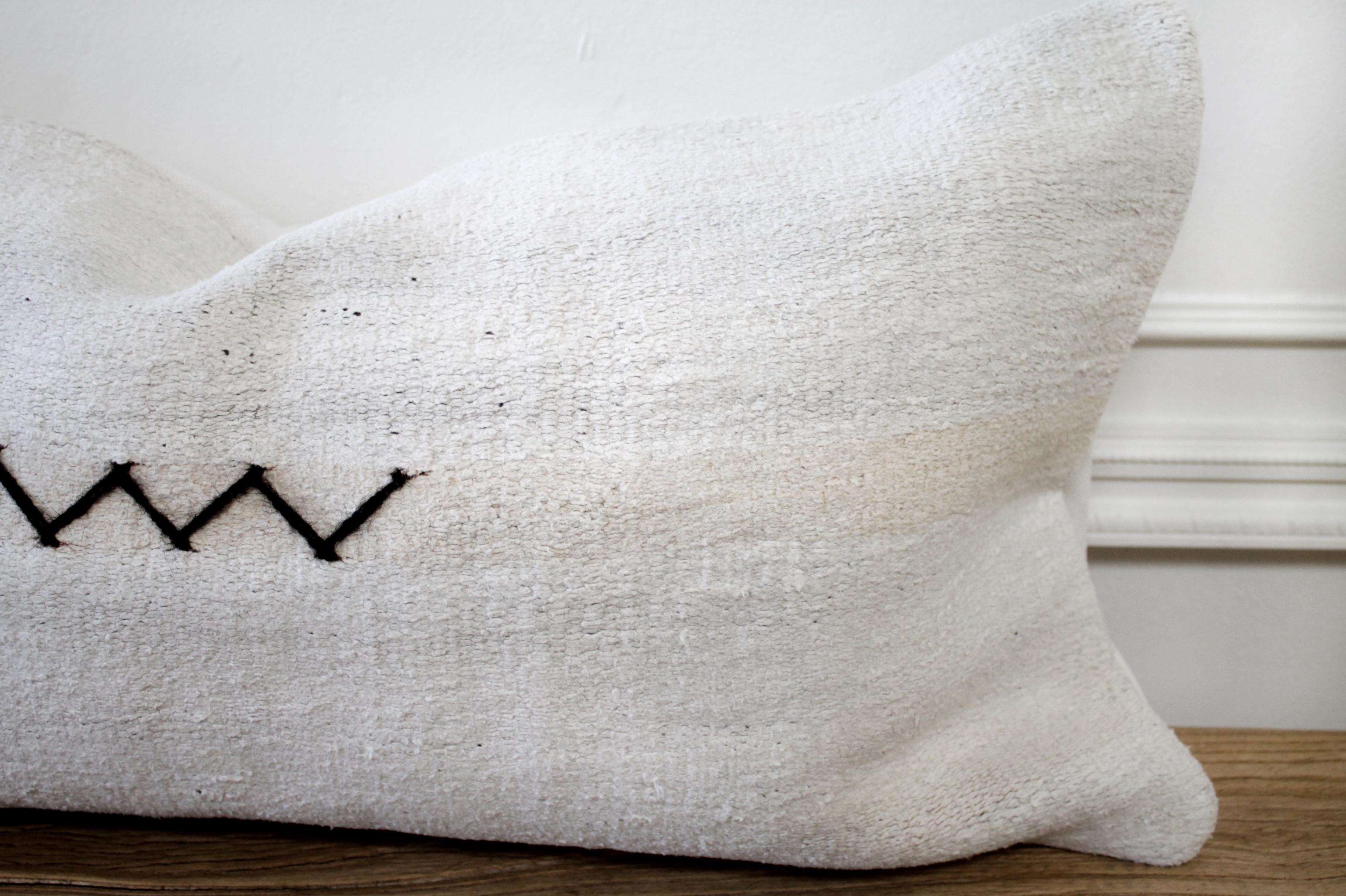 Minimalist Vintage Turkish Hemp Rug Pillow in Off-White with Stitched Pattern