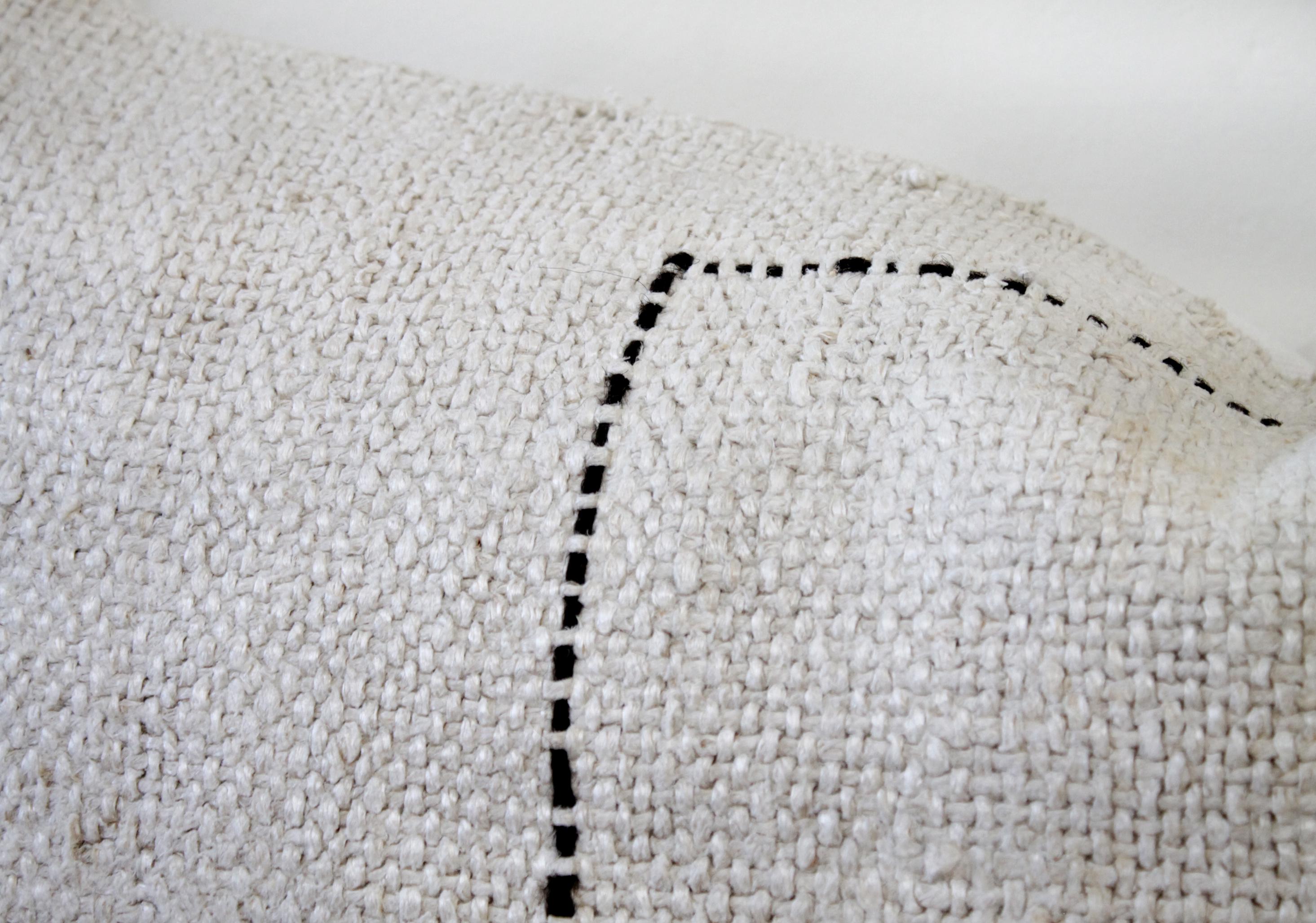 Minimalist Vintage Turkish Hemp Rug Pillow in Off-White with Stitched Pattern