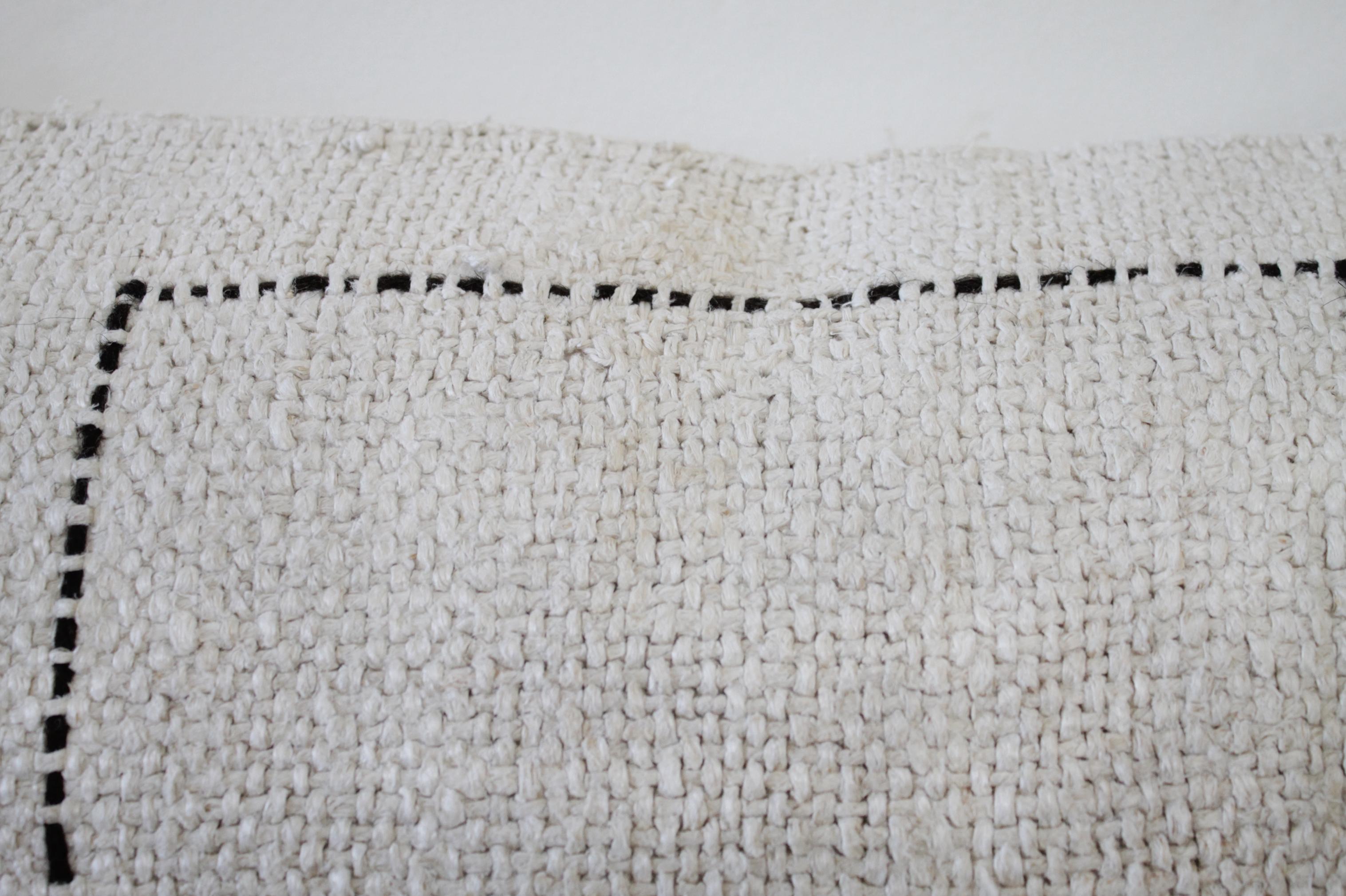 Cotton Vintage Turkish Hemp Rug Pillow in Off-White with Stitched Pattern
