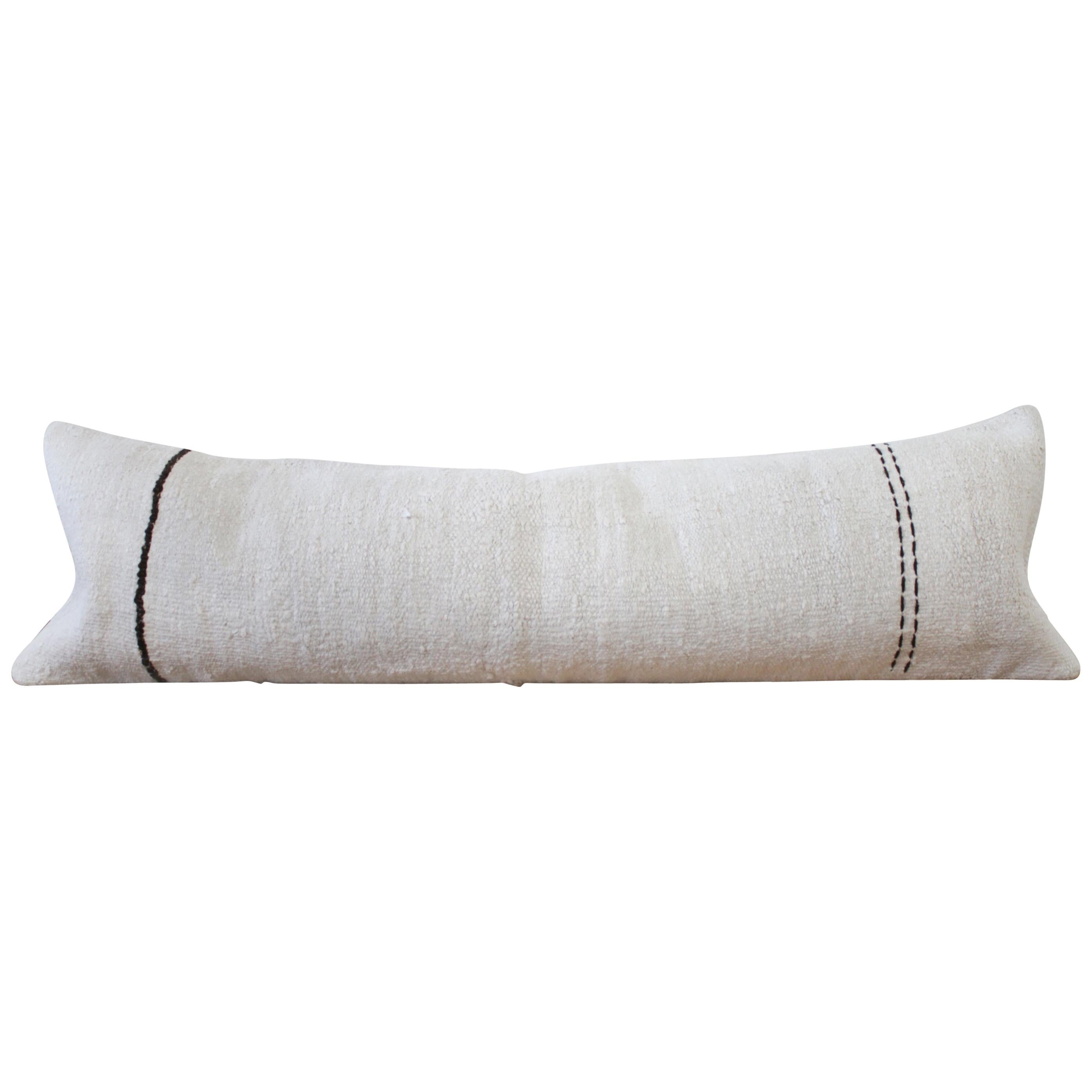 Vintage Turkish Hemp Rug Pillow in Off White with Stitched Pattern