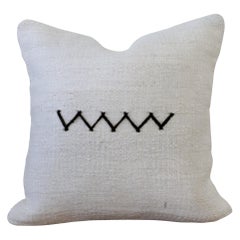 Vintage Turkish Hemp Rug Pillow in Off-White with Stitched Pattern