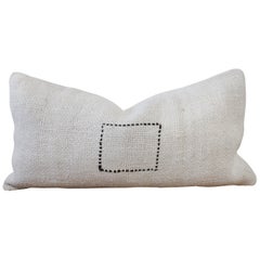 Vintage Turkish Hemp Rug Pillow in Off-White with Stitched Pattern