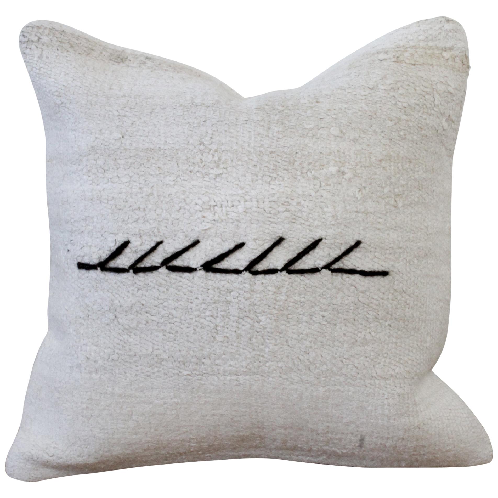 Vintage Turkish Hemp Rug Pillow in OffWhite with Stitched Pattern at