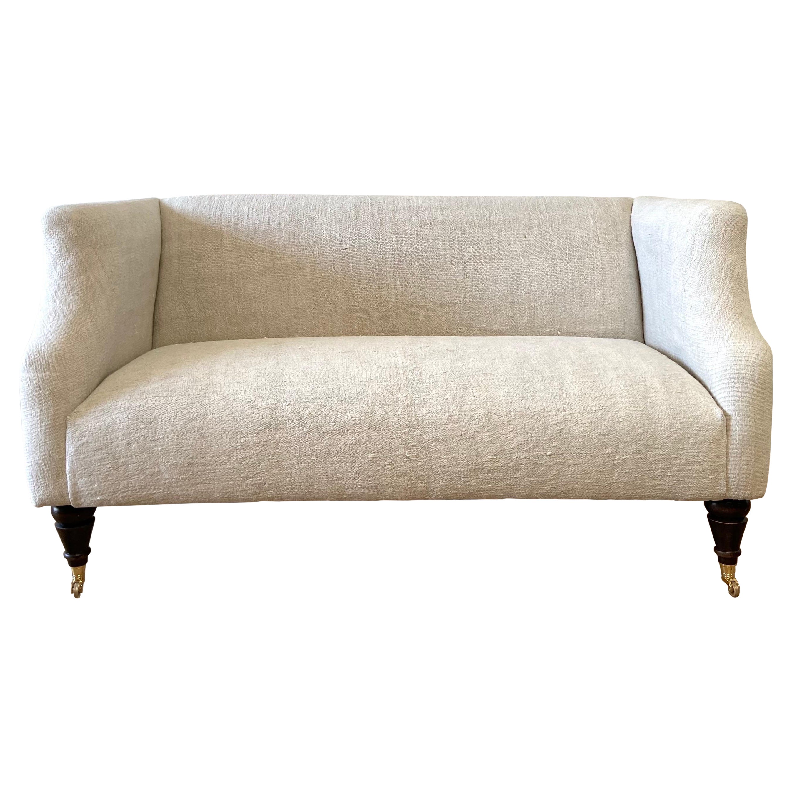 Vintage Turkish Hemp Rug Upholstered Settee with Caster Wheels