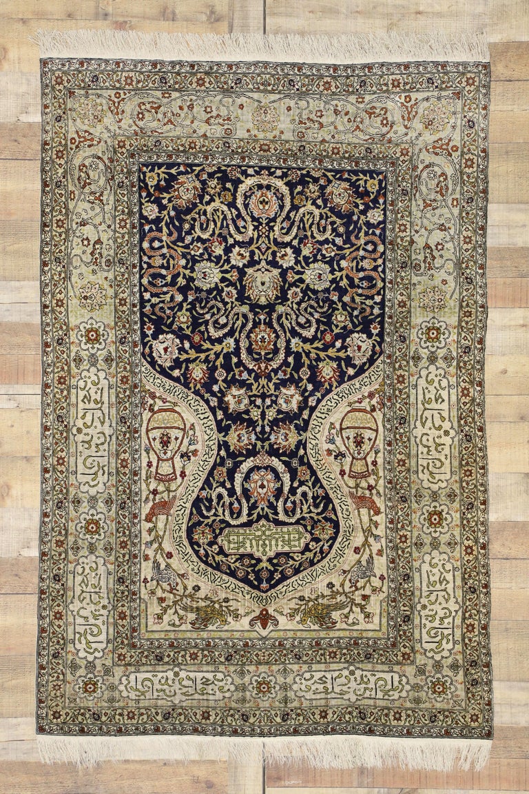 Vintage Turkish Hereke Koum Kapi Design Silk Prayer Rug with Regal Ottoman Style For Sale at 1stDibs
