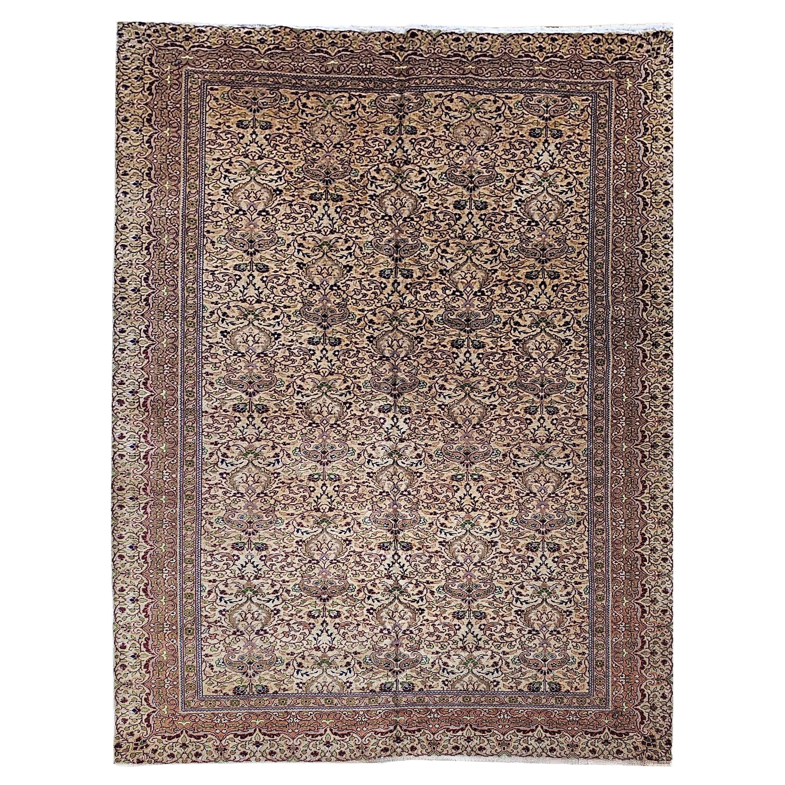 Tappeto turco vintage Hereke da salotto, in lana tessuta a mano, motivo su tutta la superficie, 7' x 10' in vendita