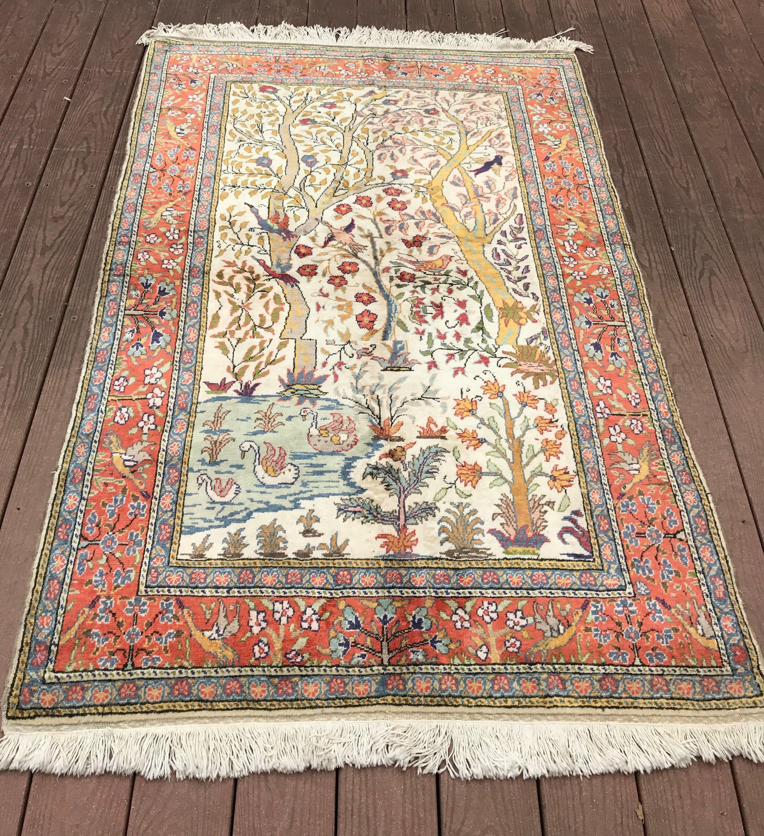 Rare Vintage Turkish Rug Hereke cotton Kaysari Bird Tapestry

3'10