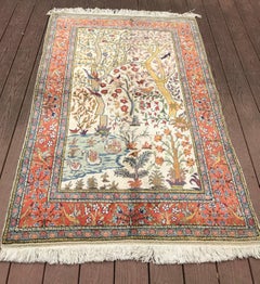 Vintage Turkish Hereke Rug Cotton Kaysari Birds Tapestry Tree of Life Rug
