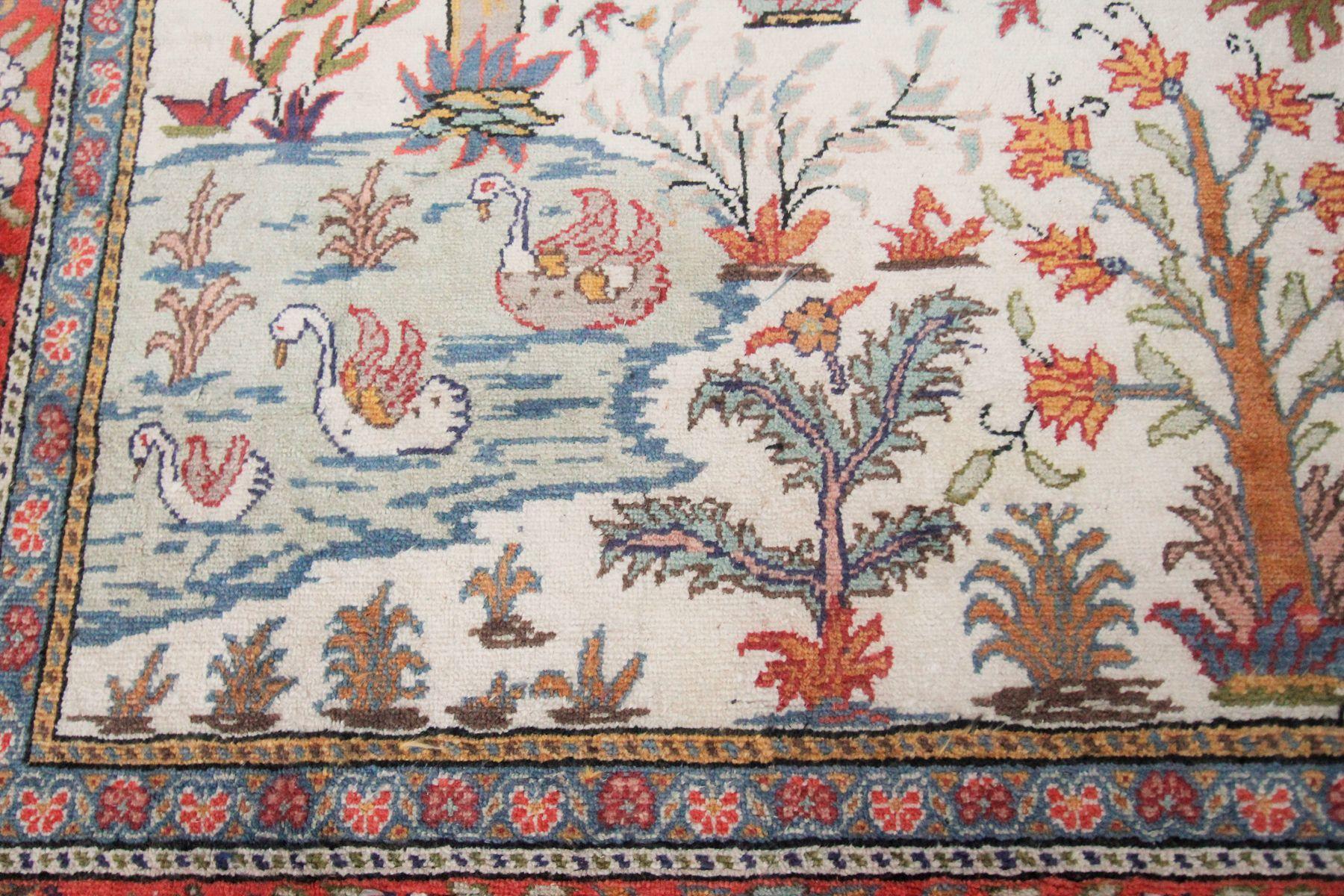 Hand-Knotted Vintage Turkish Hereke Rug Cotton Kaysari Birds Tapestry Tree of Life Rug For Sale