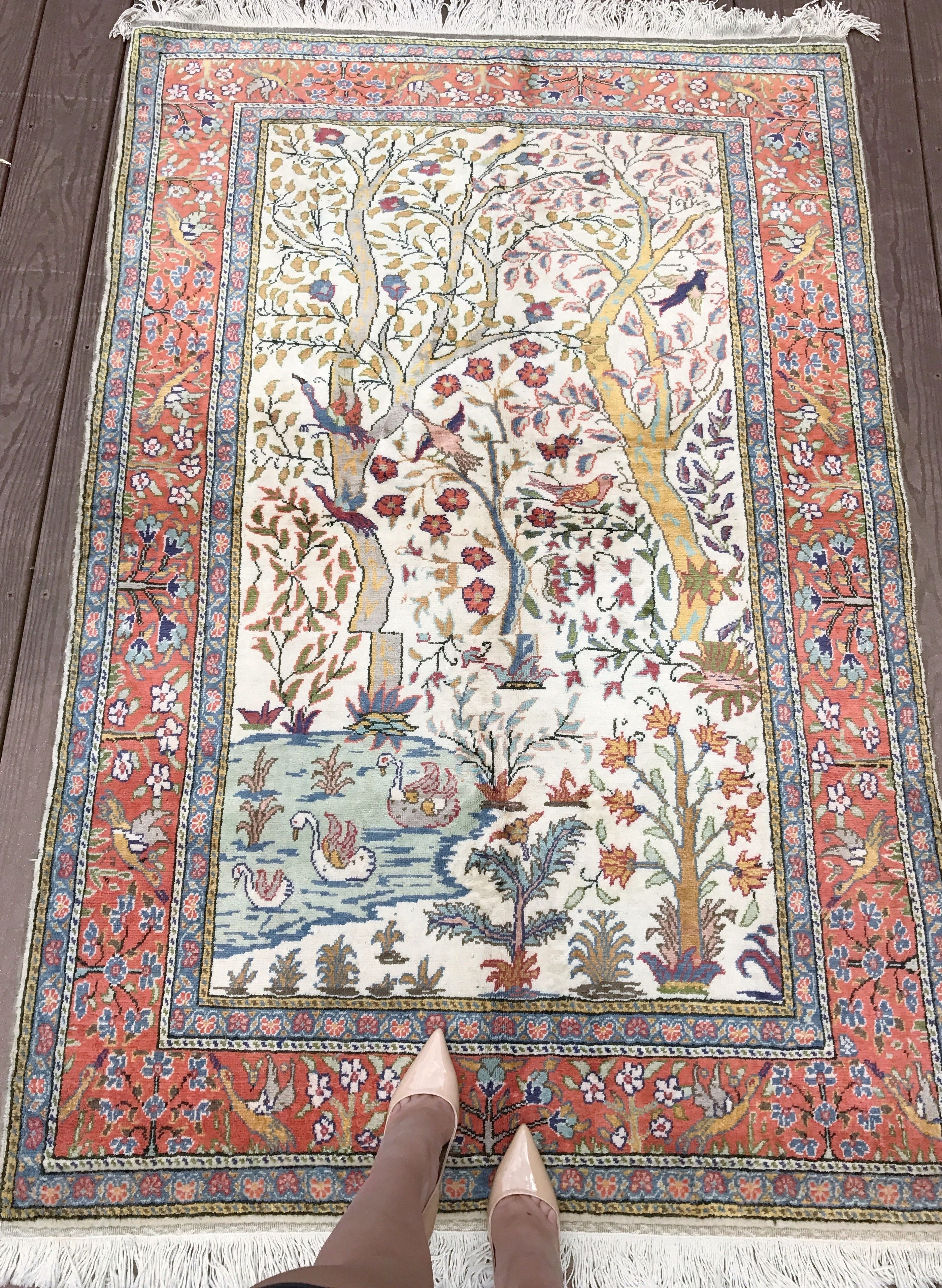 Vintage Turkish Hereke Rug Cotton Kaysari Birds Tapestry Tree of Life Rug For Sale