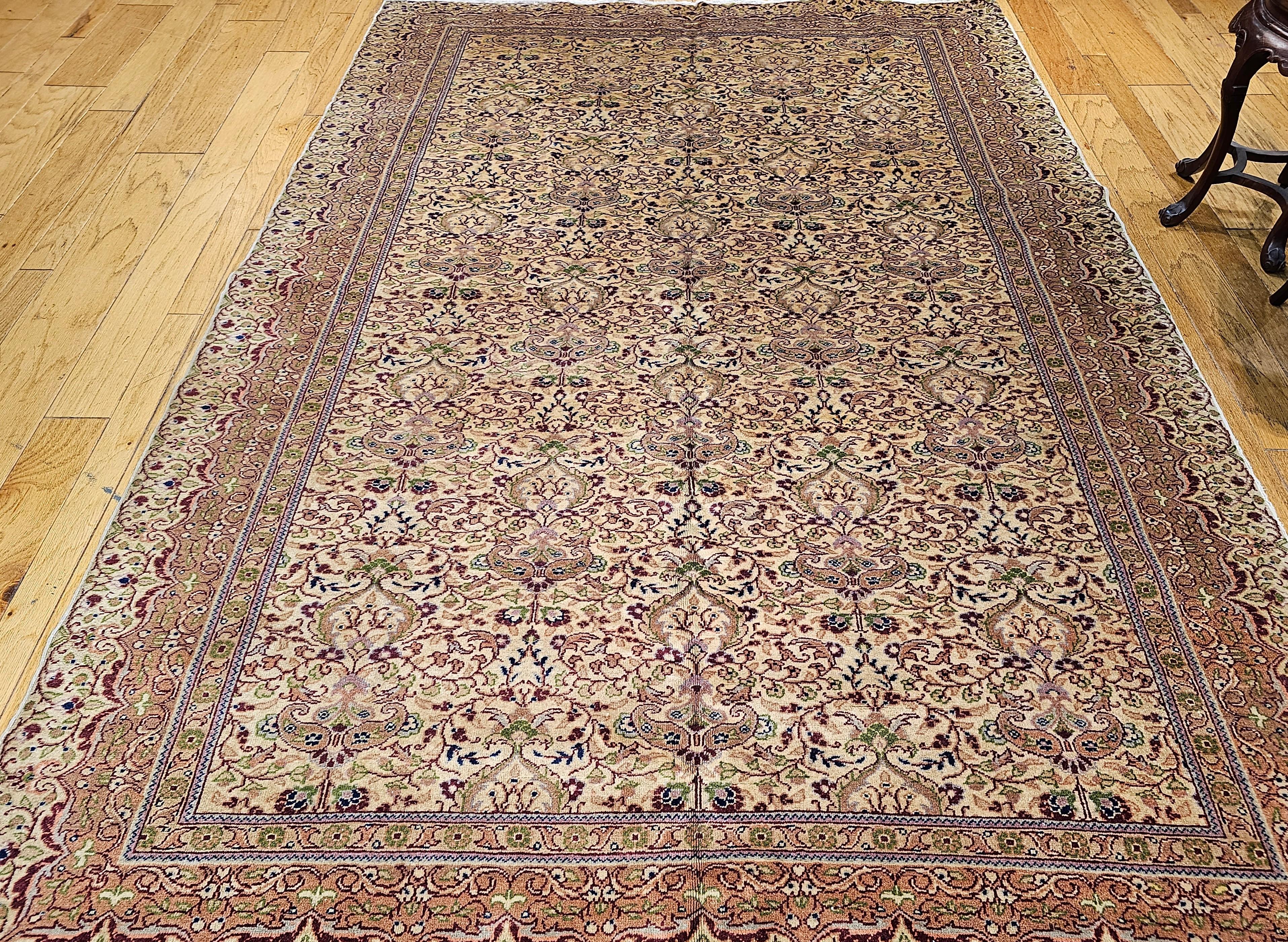 Vintage Turkish Hereke Rug in Allover Pattern in Pale Yellow, Green, mauve For Sale 4