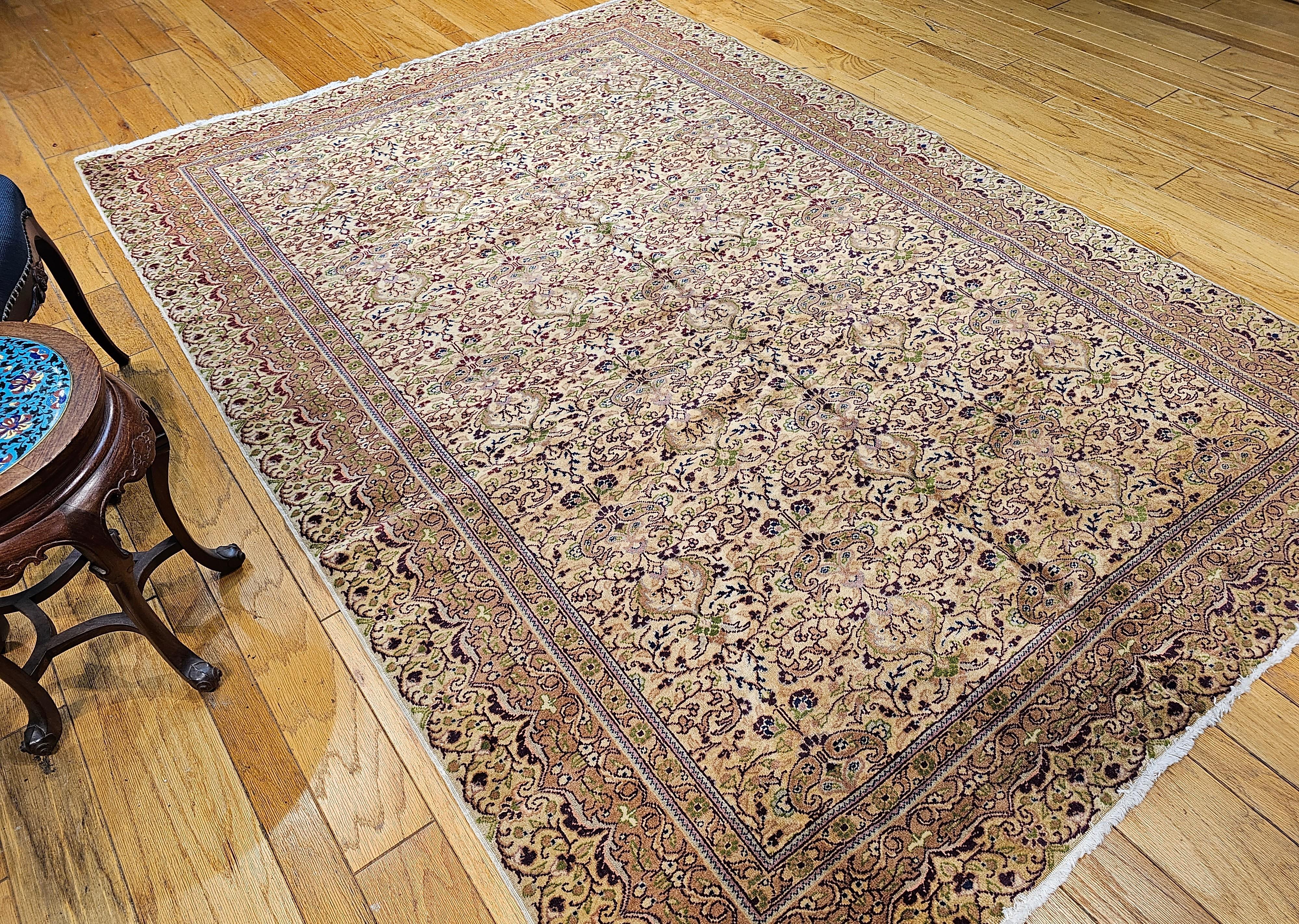 Vintage Turkish Hereke Rug in Allover Pattern in Pale Yellow, Green, mauve For Sale 6