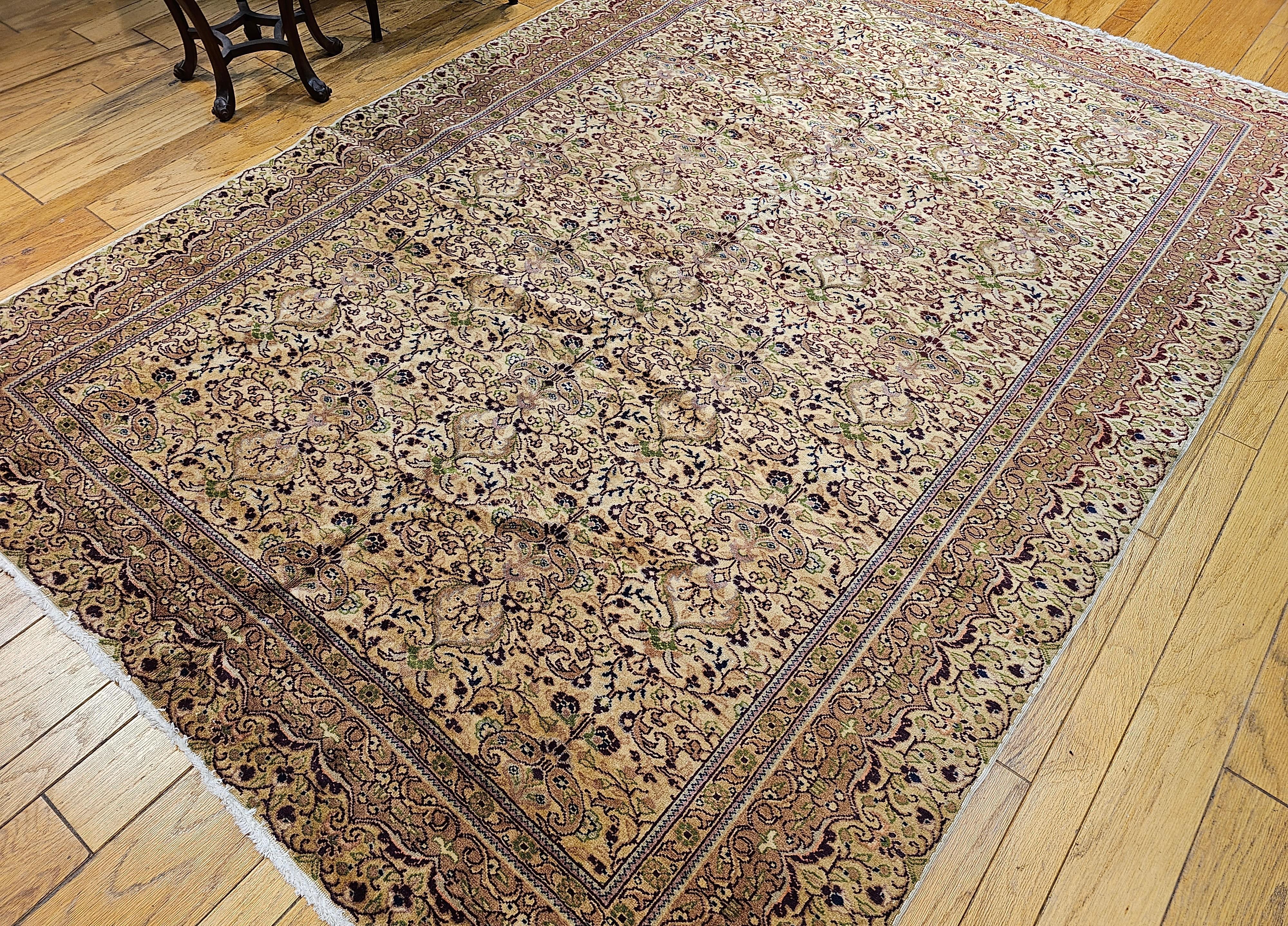 Vintage Turkish Hereke Rug in Allover Pattern in Pale Yellow, Green, mauve For Sale 8