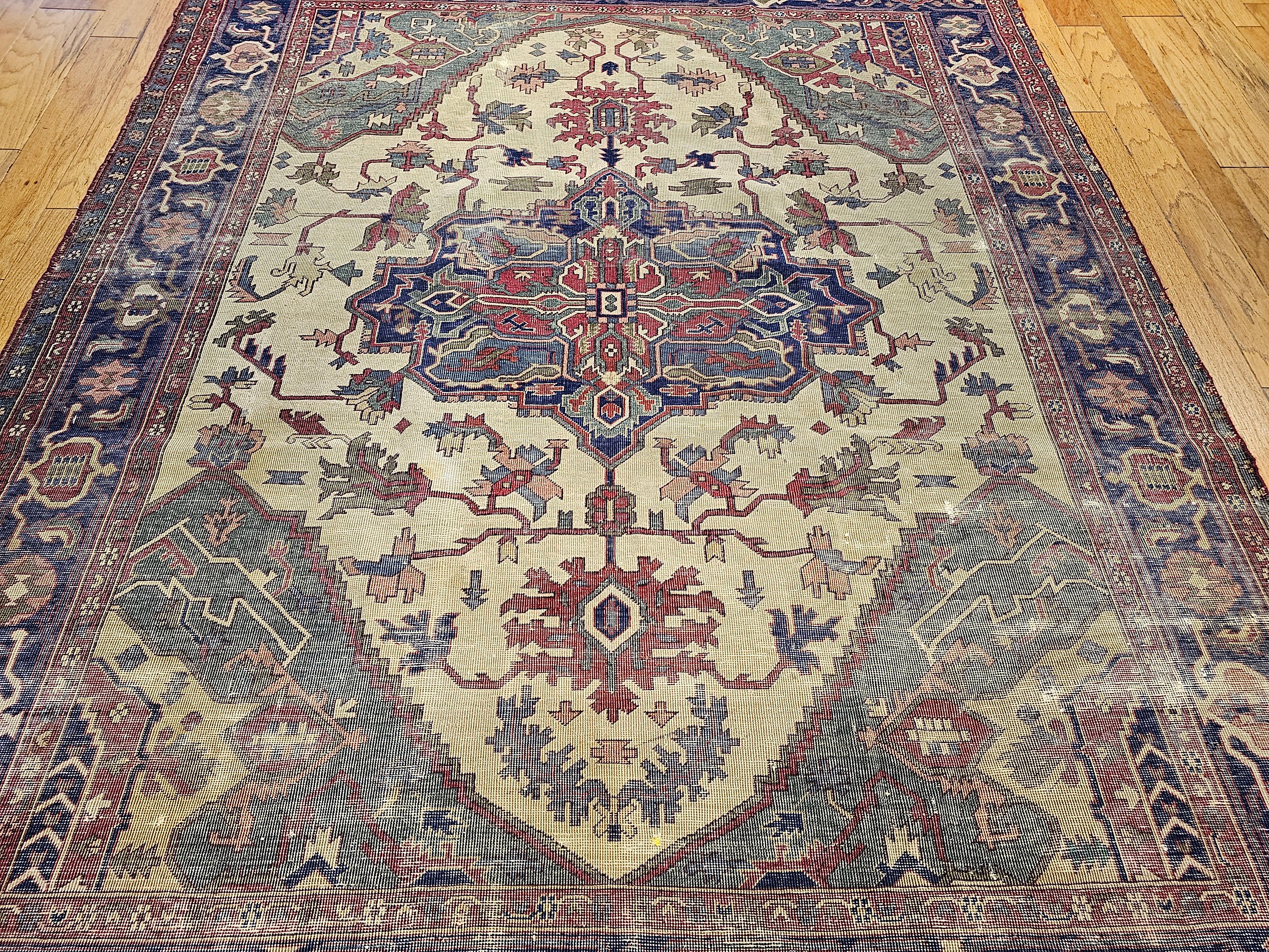 Vintage Turkish Heriz Serapi in Pale Yellow/Ivory, Green, Blue, Pink For Sale 3