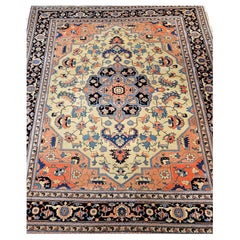 Tappeto persiano Tabriz vintage con motivo geometrico Heriz Serapi in avorio, blu e rosso
