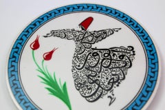Vintage Turkish Iznik Style Ceramic Tile with a Whirling Dervish Dancer Design