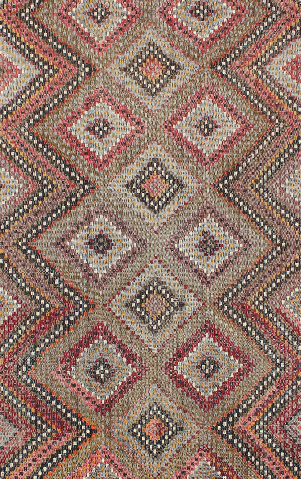Kilim Vintage Turkish Embroidered Flat Weave with Diamond and Zig-Zag Pattern For Sale