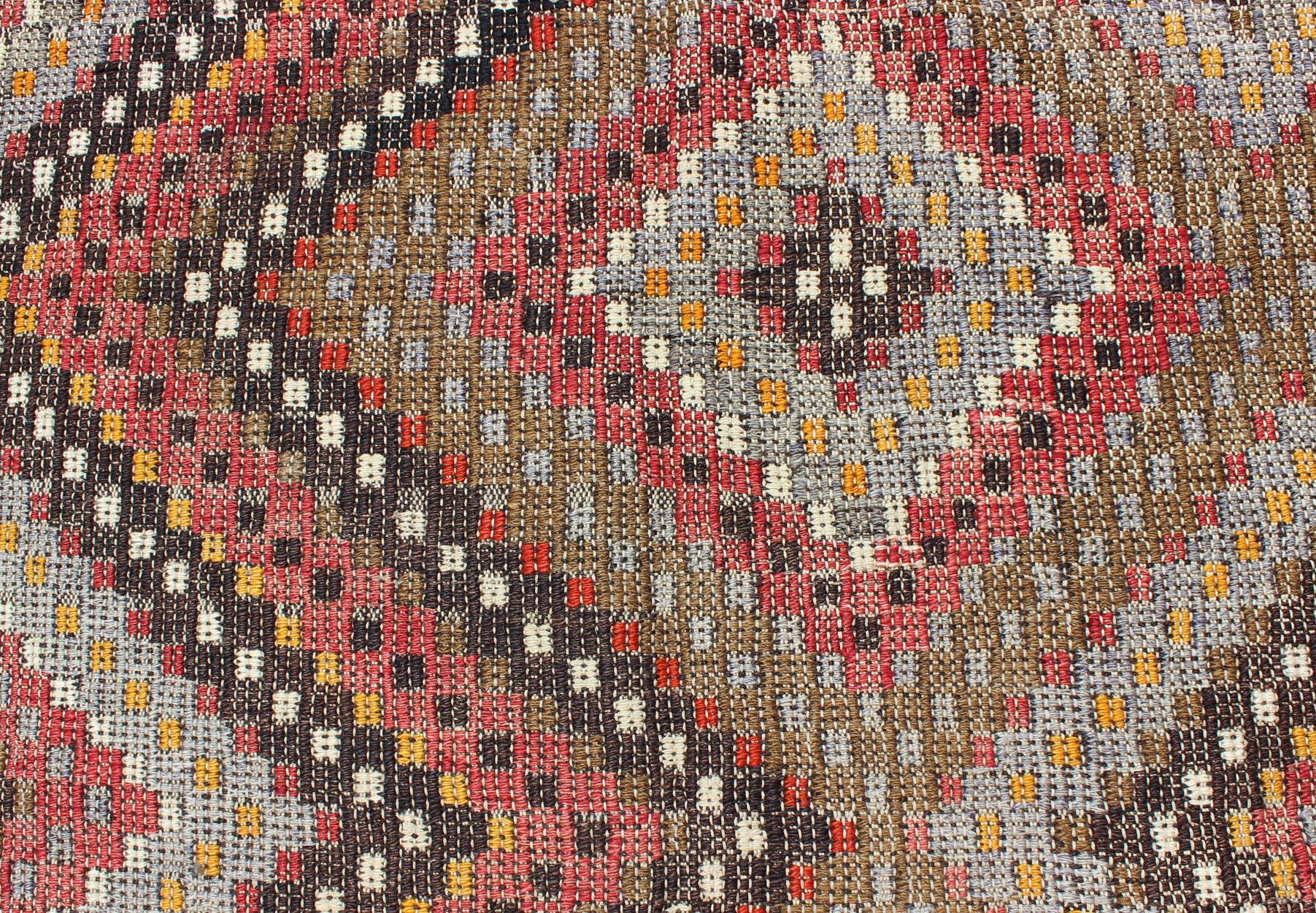 Wool Vintage Turkish Embroidered Flat Weave with Diamond and Zig-Zag Pattern For Sale