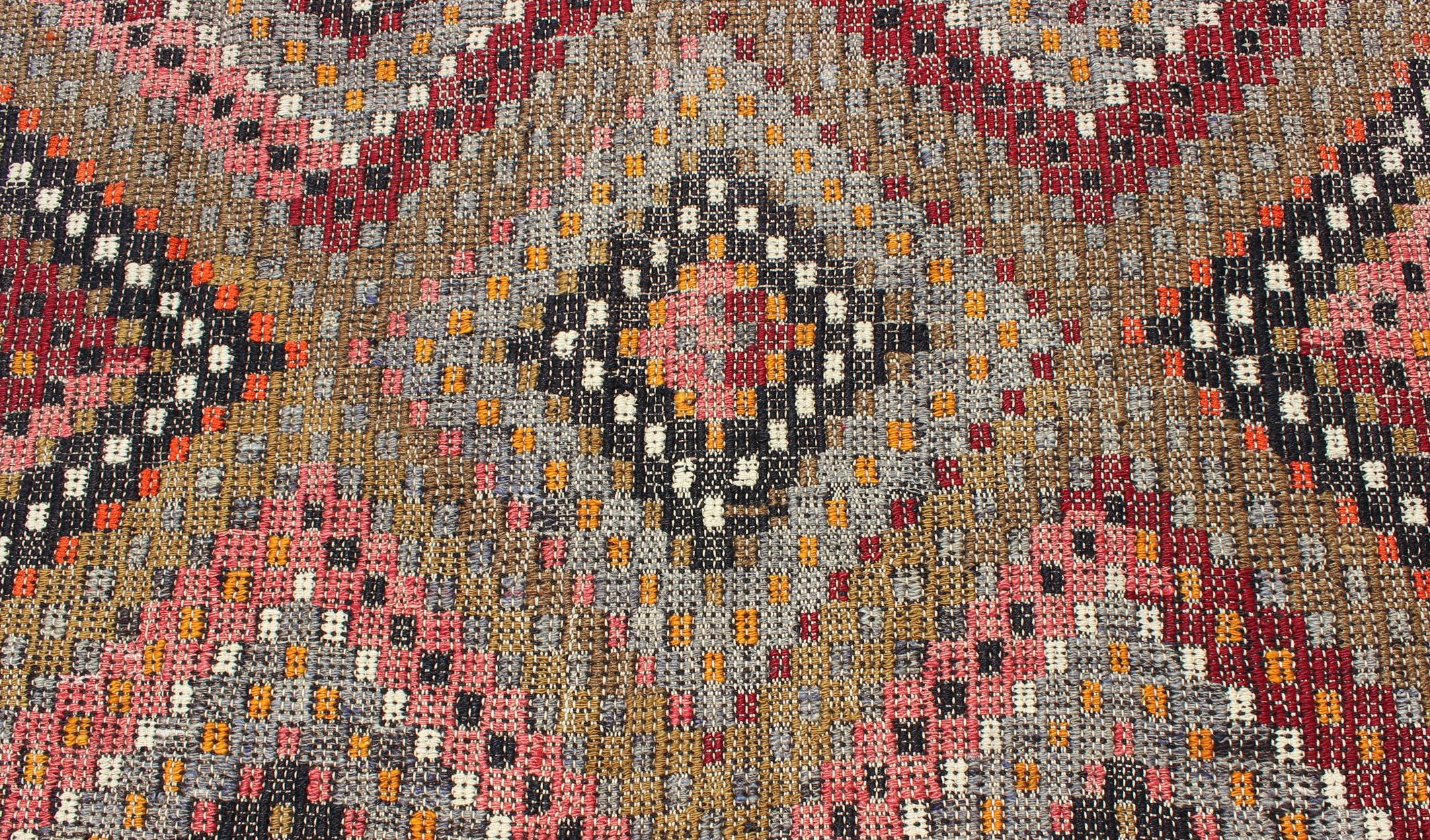 Vintage Turkish Embroidered Flat Weave with Diamond and Zig-Zag Pattern For Sale 1