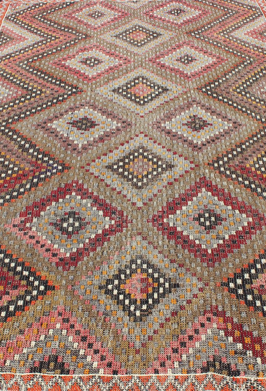 Vintage Turkish Embroidered Flat Weave with Diamond and Zig-Zag Pattern For Sale 3
