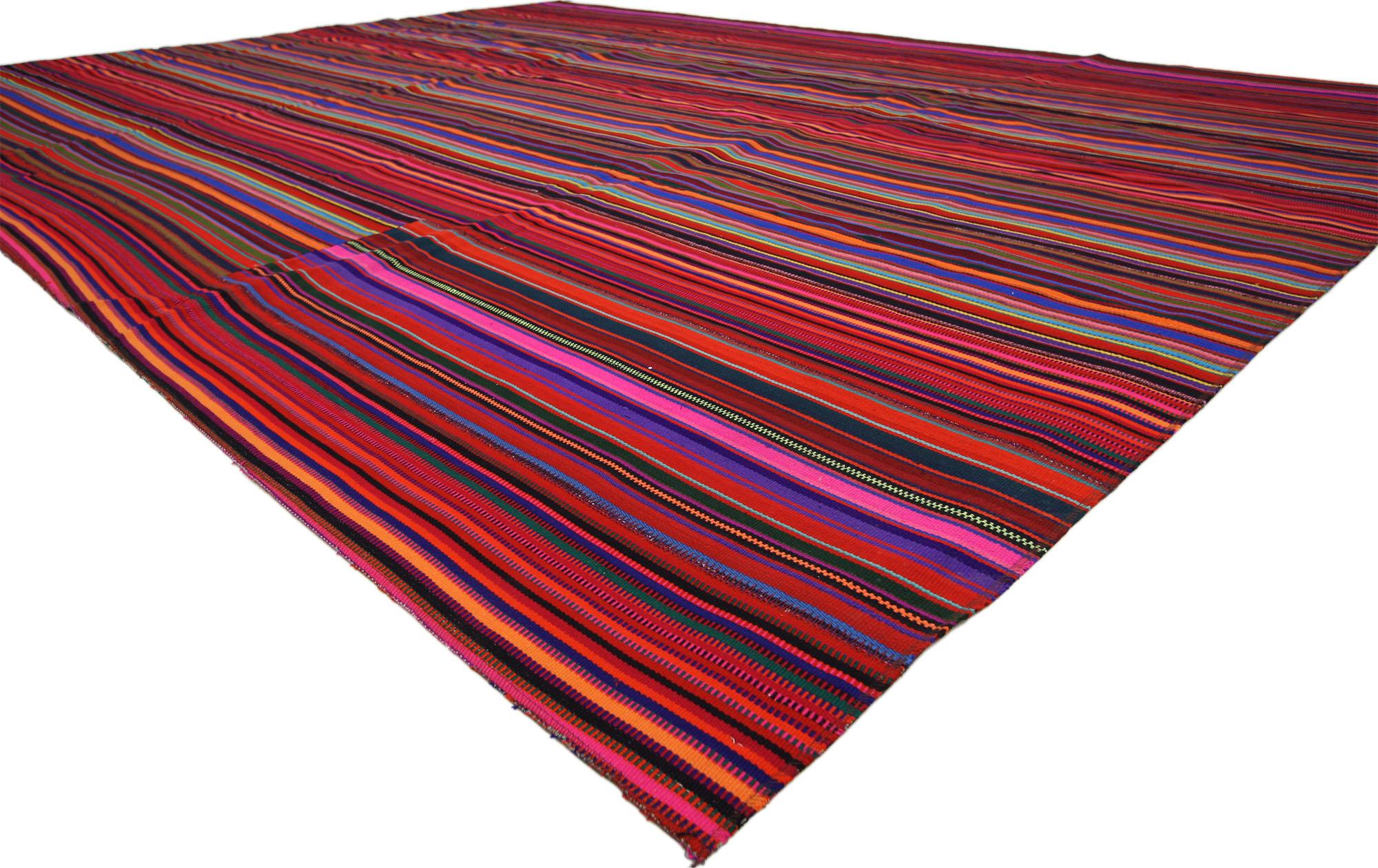 60790 Vintage Turkish Striped Kilim Rug with Modern Cabin Style 09'08 x 12'08. With its modern style and rugged beauty, this hand-woven wool vintage Turkish striped kilim rug manages to meld contemporary, modern, and traditional design elements. The