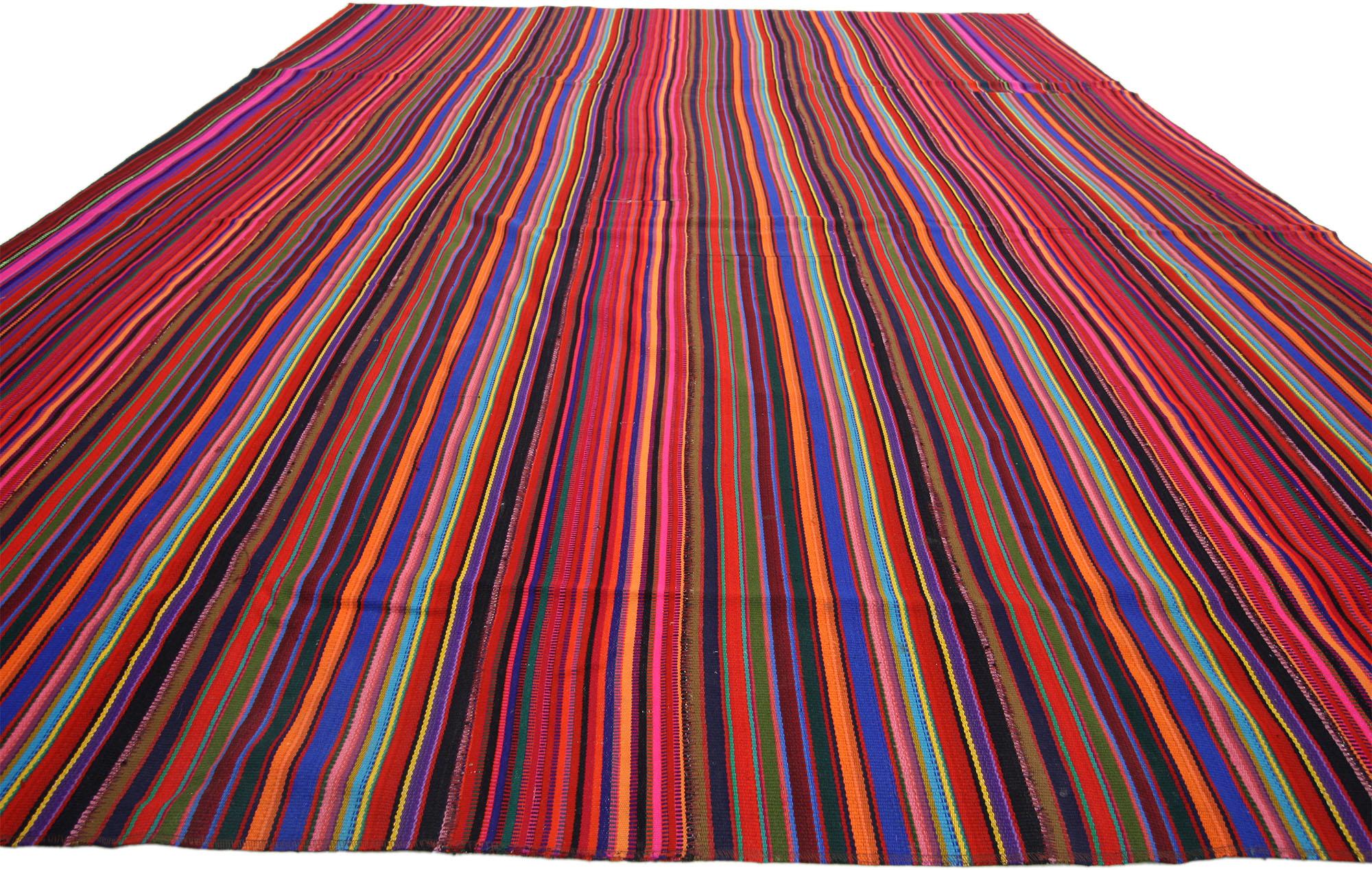 Hand-Woven Vintage Turkish Striped Kilim Rug with Modern Cabin Style