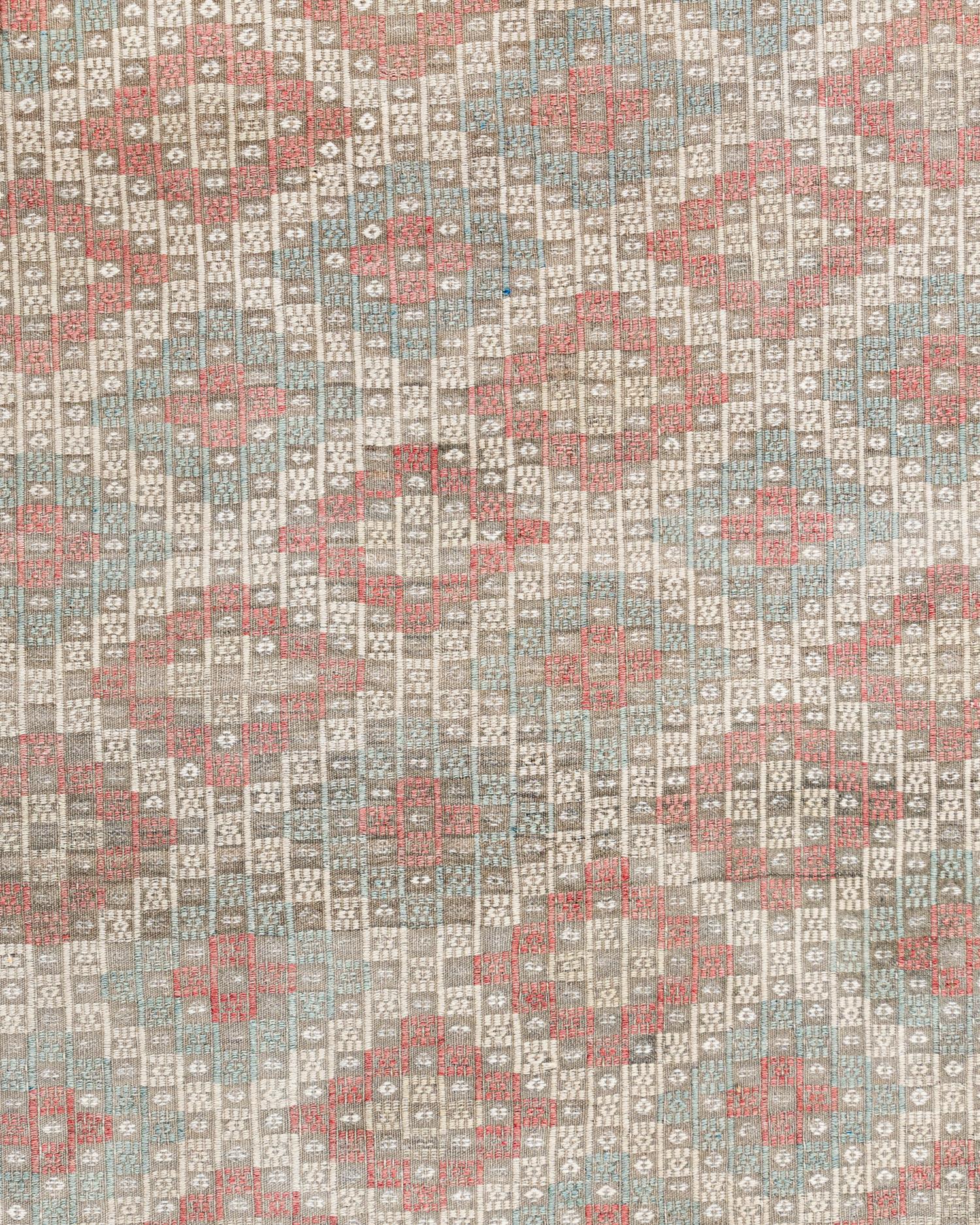 Vintage Turkish Jajim flatweave area rug 5'1 X 8'11. The Jajim (cecim) technique is followed in Turkey, Persia and the Caucasus and consists of a plain weave (equal warps and wefts) ground with an added (supplementary) weft pattern. The wefts are