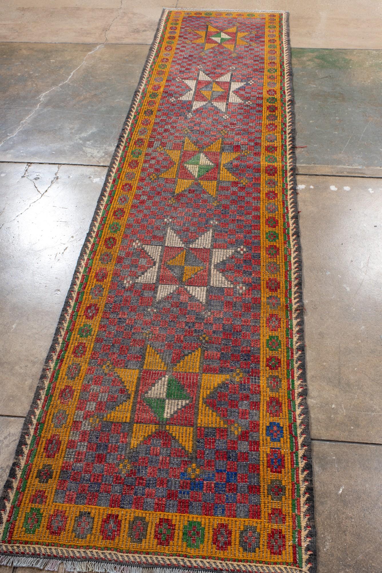 Hand-Woven Vintage Turkish Jijim Runner with Star Medallions in Blue For Sale