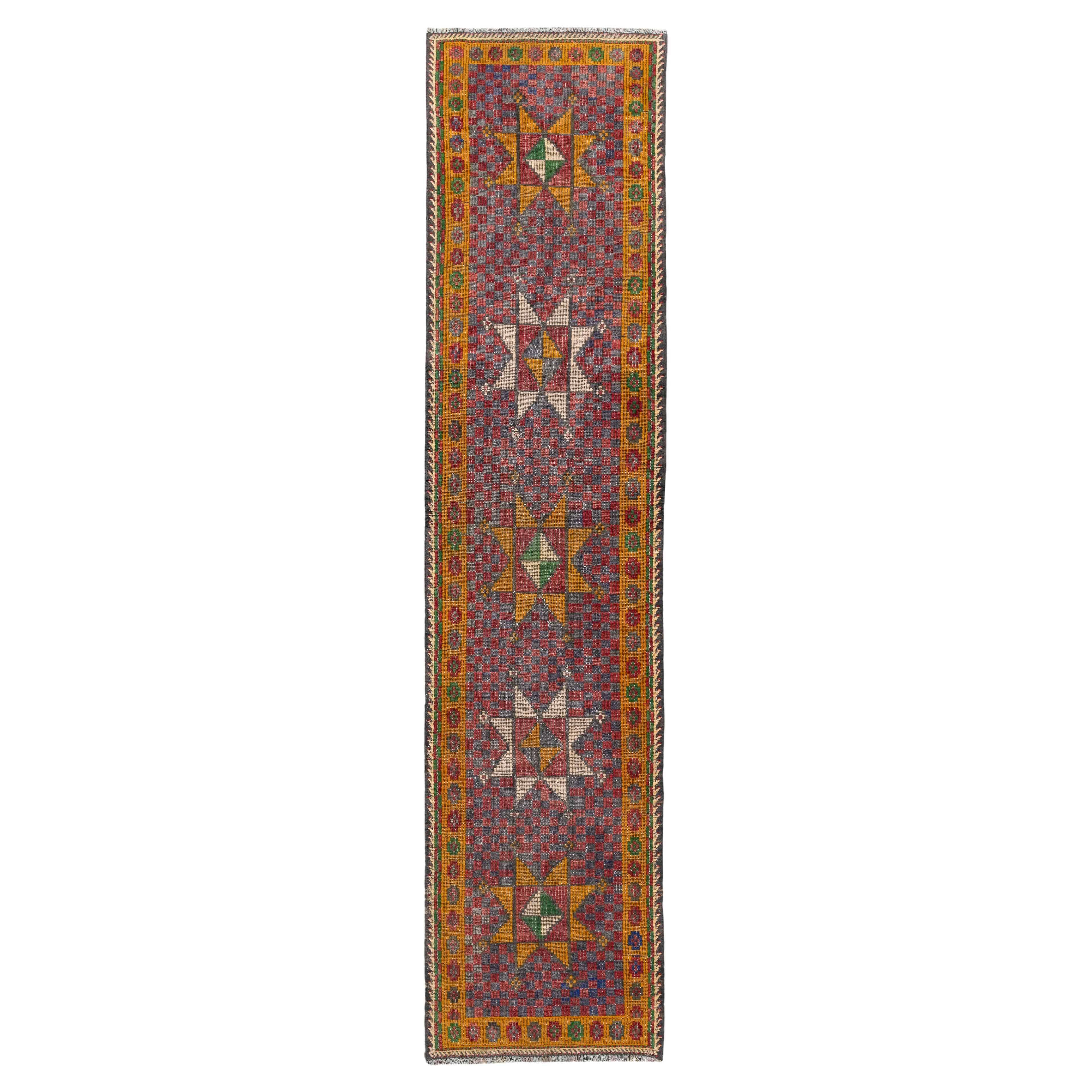 Vintage Turkish Jijim Runner with Star Medallions in Blue For Sale
