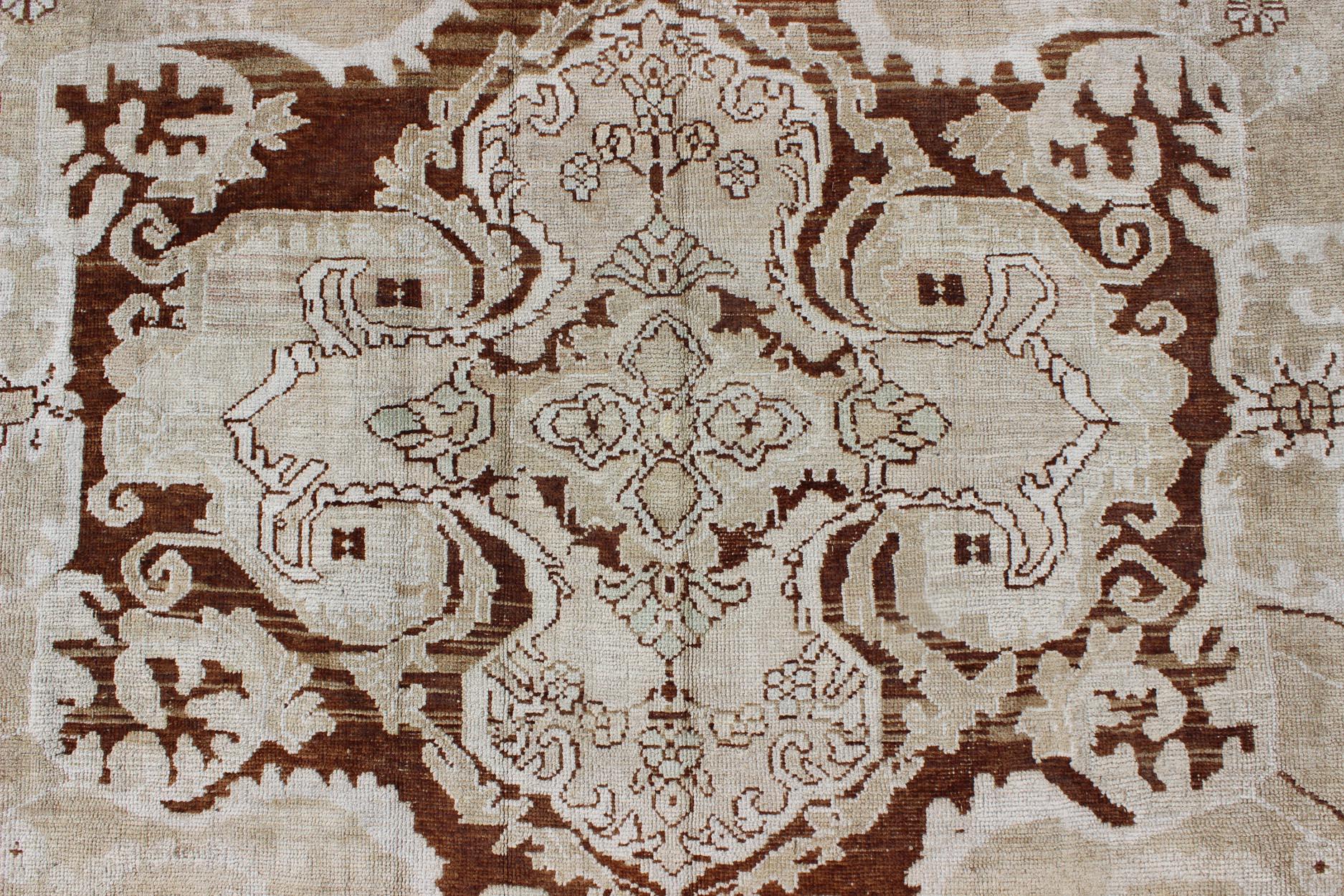 Vintage Turkish Oushak Carpet with Medallion in Sienna, Mocha and Bone Colors For Sale 2