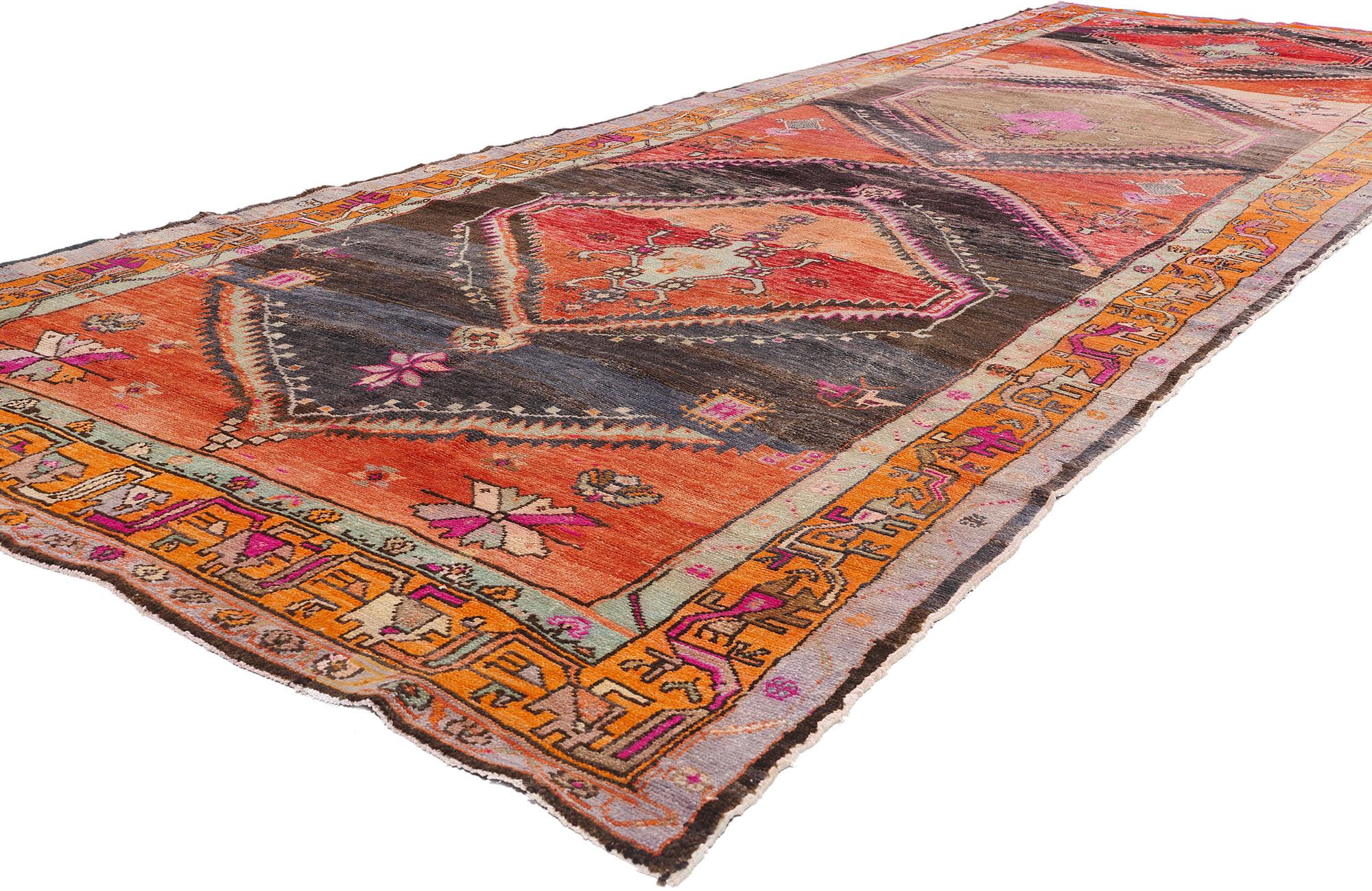 53574 Vintage Turkish Kars Rug, 06'01 x 18'03. Alive with the vibrancy of Anatolia’s rich cultural soul, this hand-knotted wool vintage Turkish Kars gallery rug is a radiant tapestry of symbols, stories, and tradition. Woven with the loving hands of