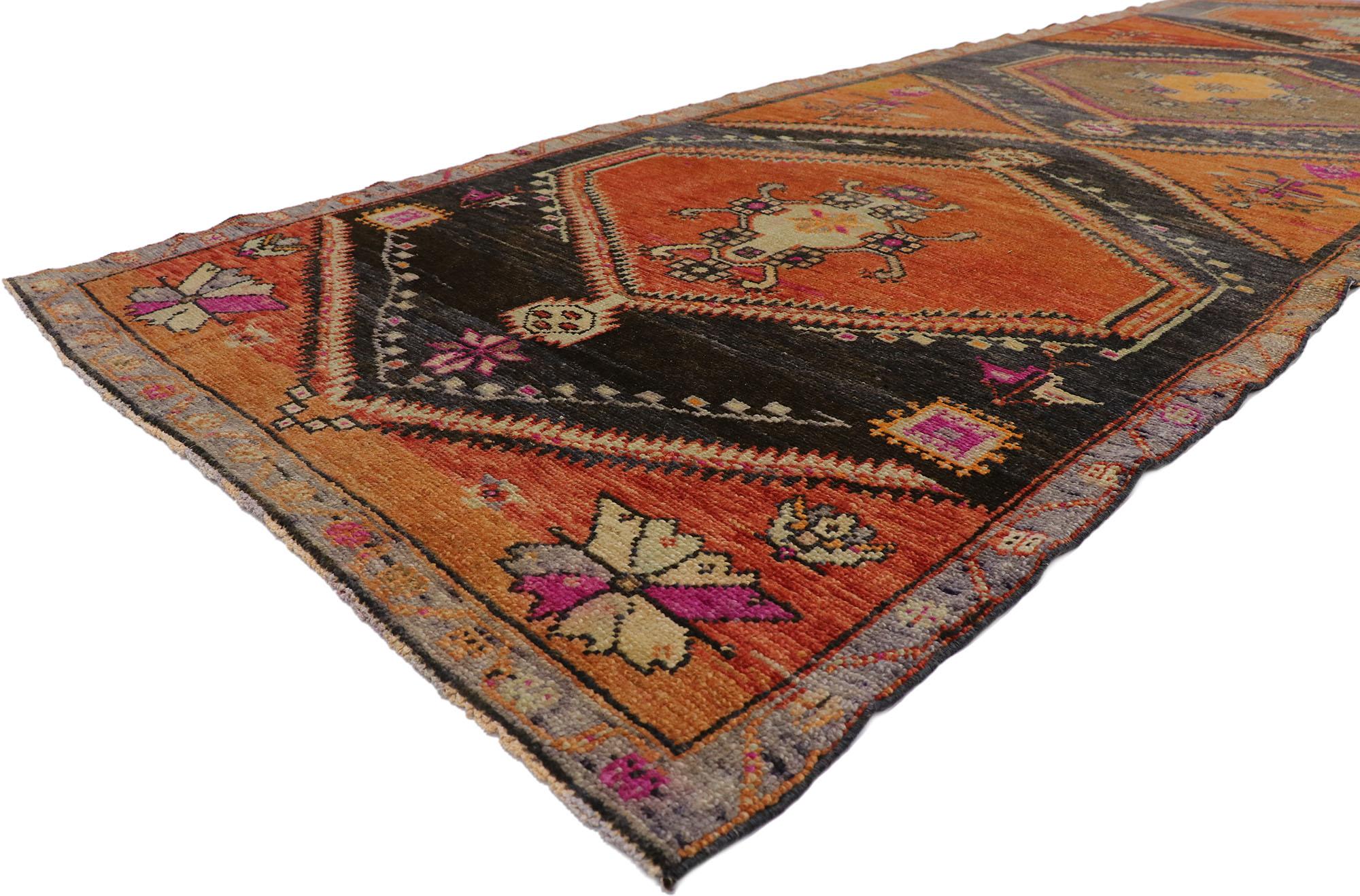 ?53581 Vintage Turkish Kars Gallery rug with Mid-Century Modern Style 04'08 x 15'02. ??Full of tiny details and a bold expressive design combined with vibrant colors and modern style, this hand-knotted wool vintage Turkish Kars gallery rug is a