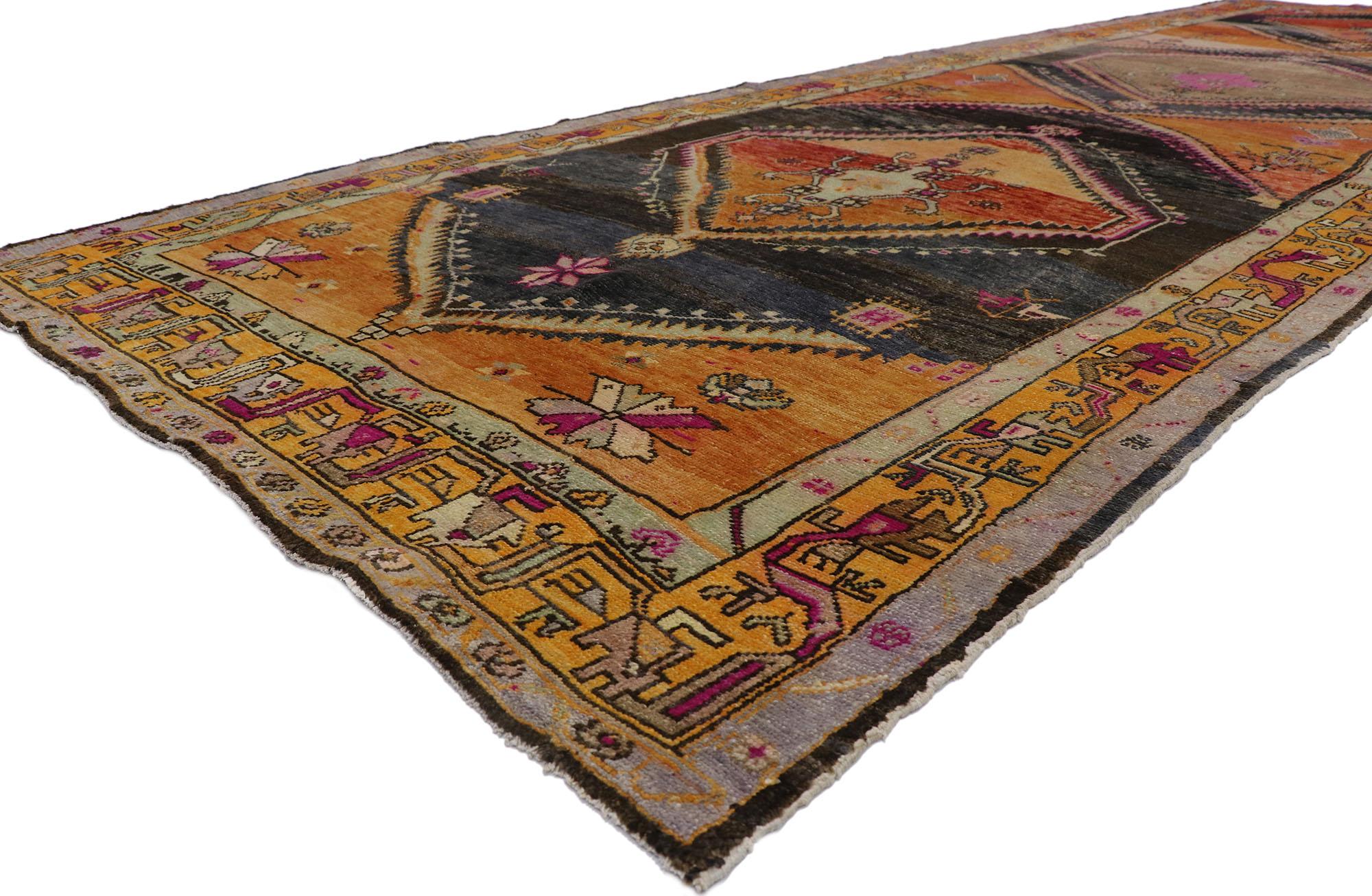 53574 Vintage Turkish Kars Gallery rug with Mid-Century Modern Style 06'01 x 18'03. Full of tiny details and a bold expressive design combined with vibrant colors and modern style, this hand-knotted wool vintage Turkish Kars gallery rug is a