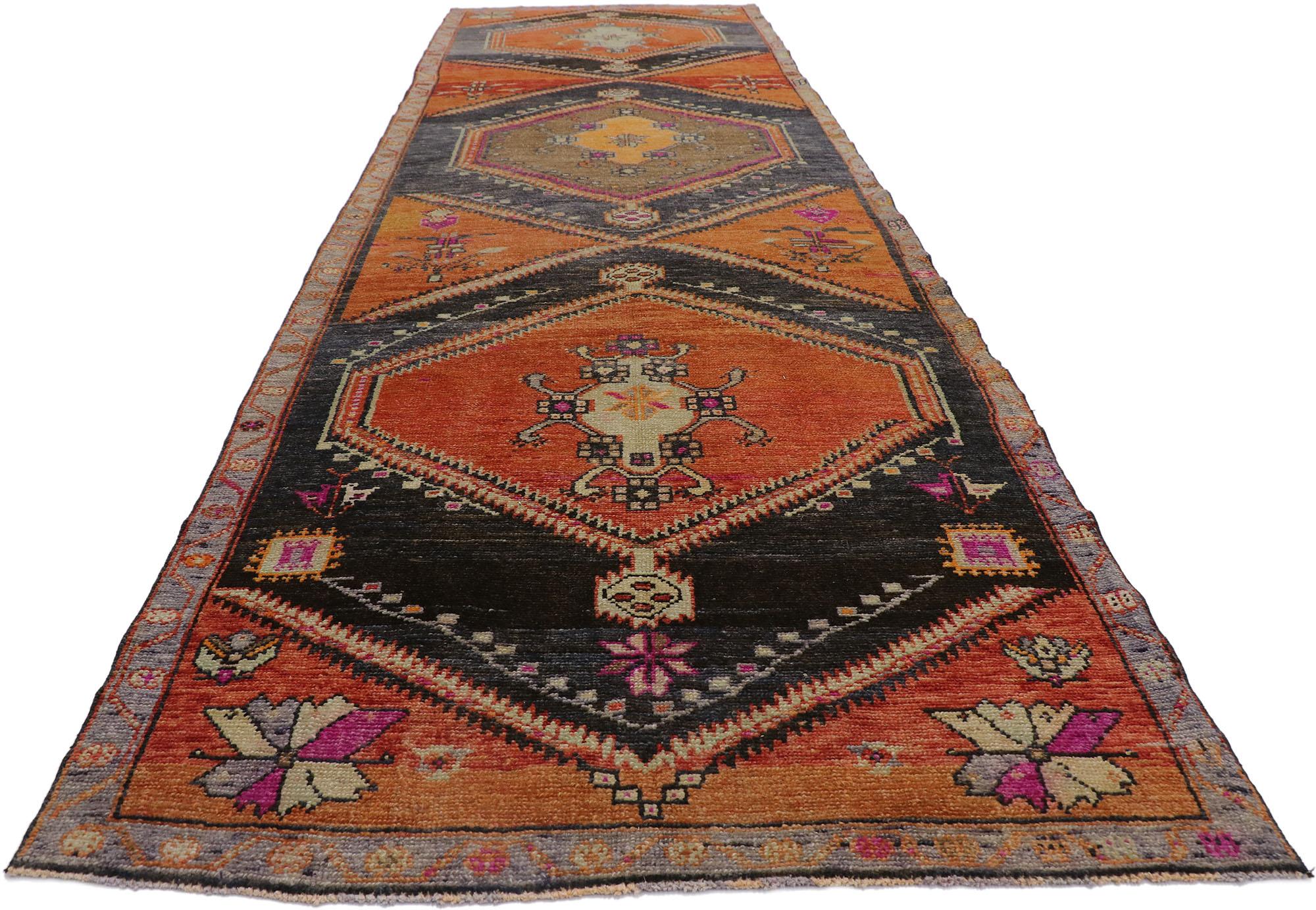 Hand-Knotted Vintage Turkish Kars Gallery Rug with Mid-Century Modern Style For Sale