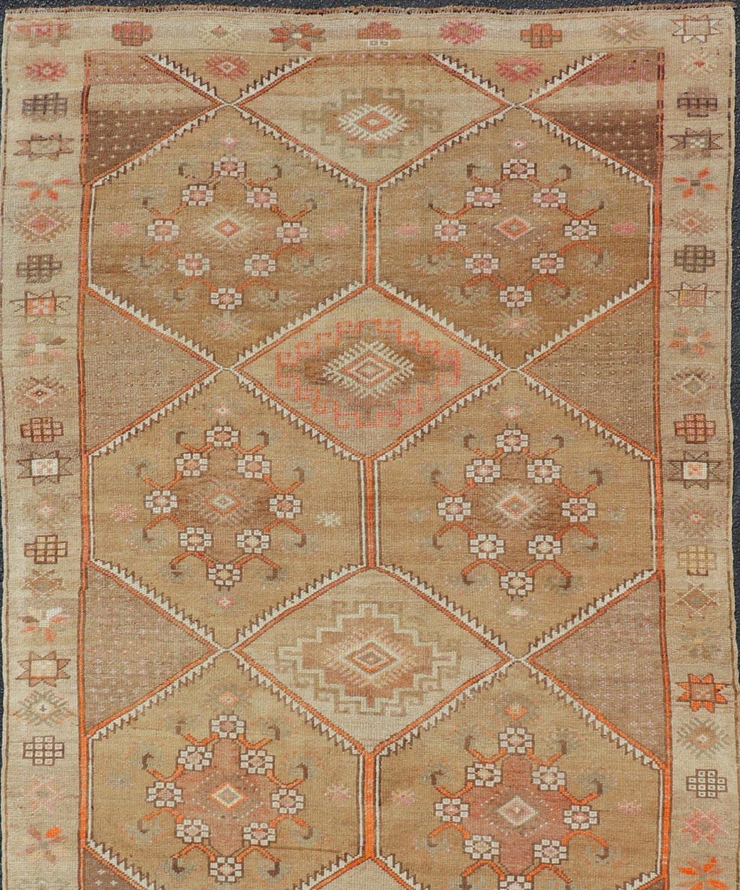 Hand-Knotted Vintage Turkish Kars Gallery Runner in Brown Color, Tan, Taupe and Orange  For Sale