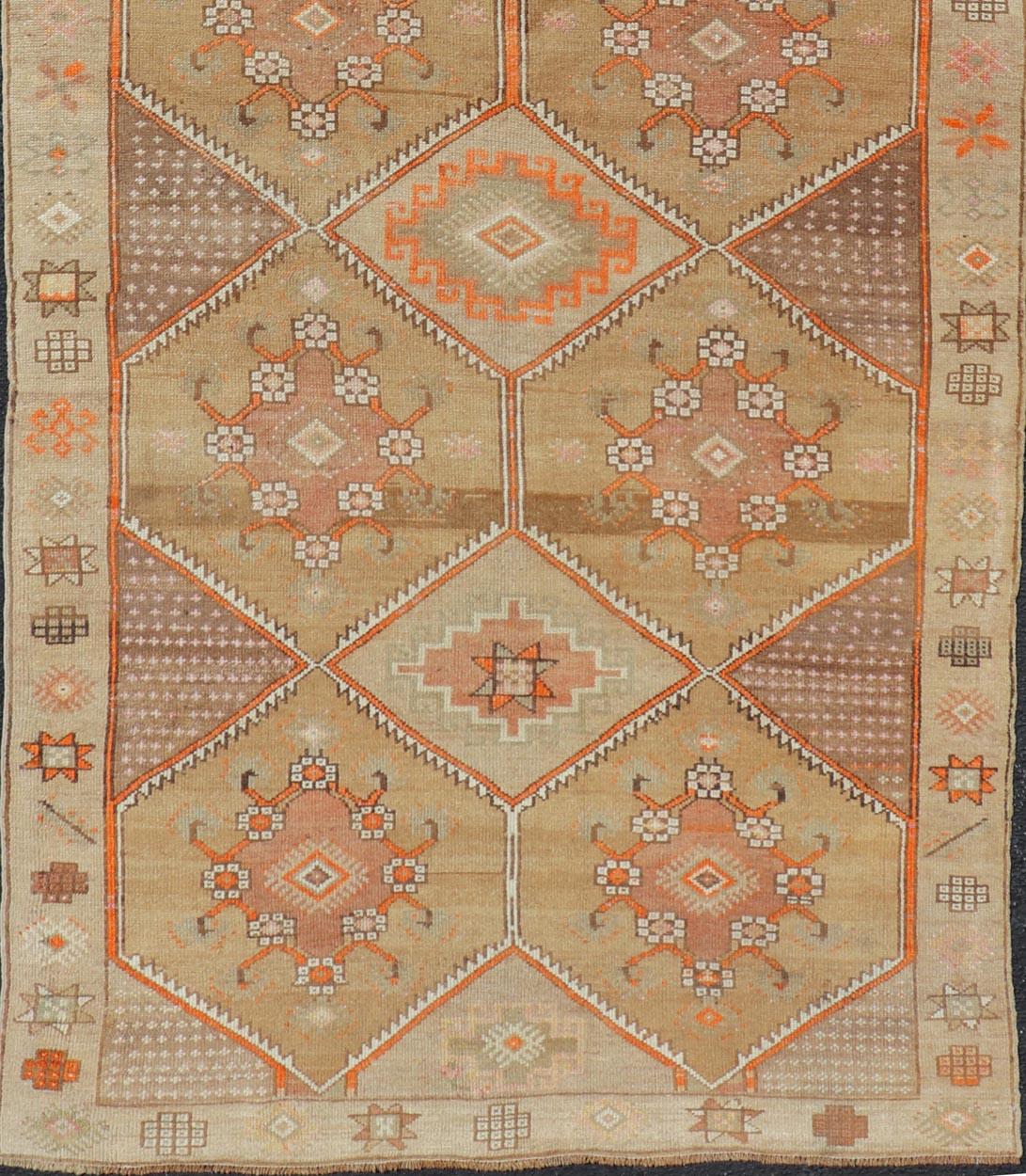 20th Century Vintage Turkish Kars Gallery Runner in Brown Color, Tan, Taupe and Orange  For Sale