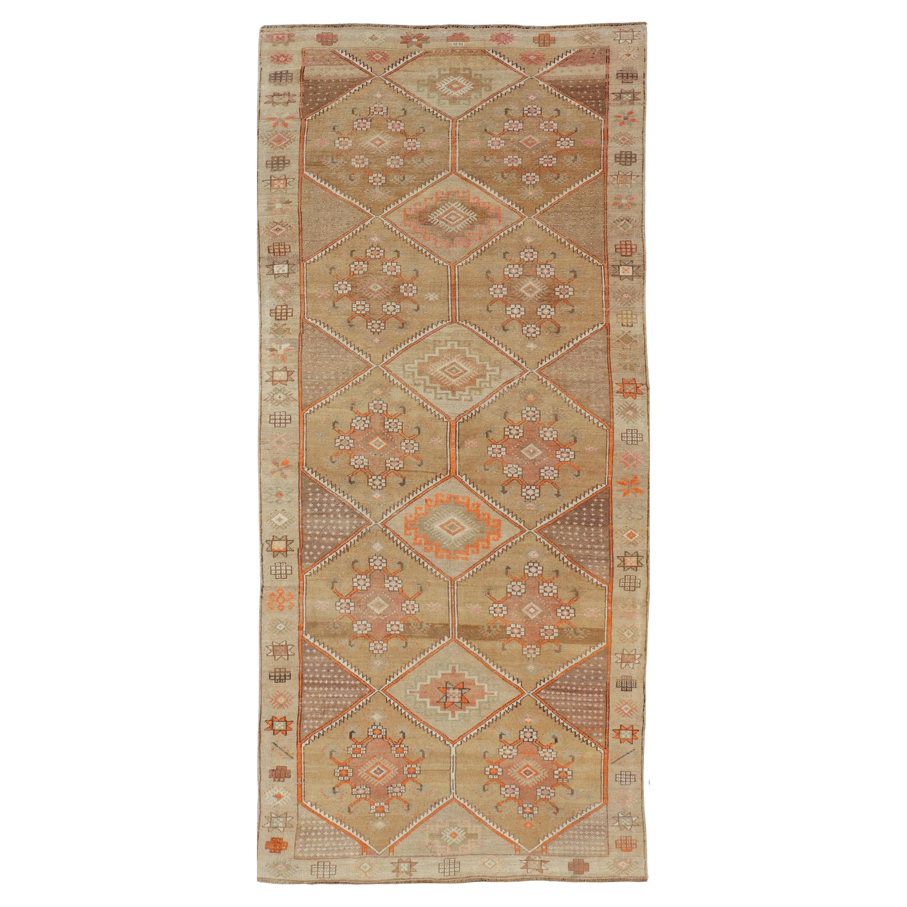 Vintage Turkish Kars Gallery Runner in Brown Color, Tan, Taupe and Orange