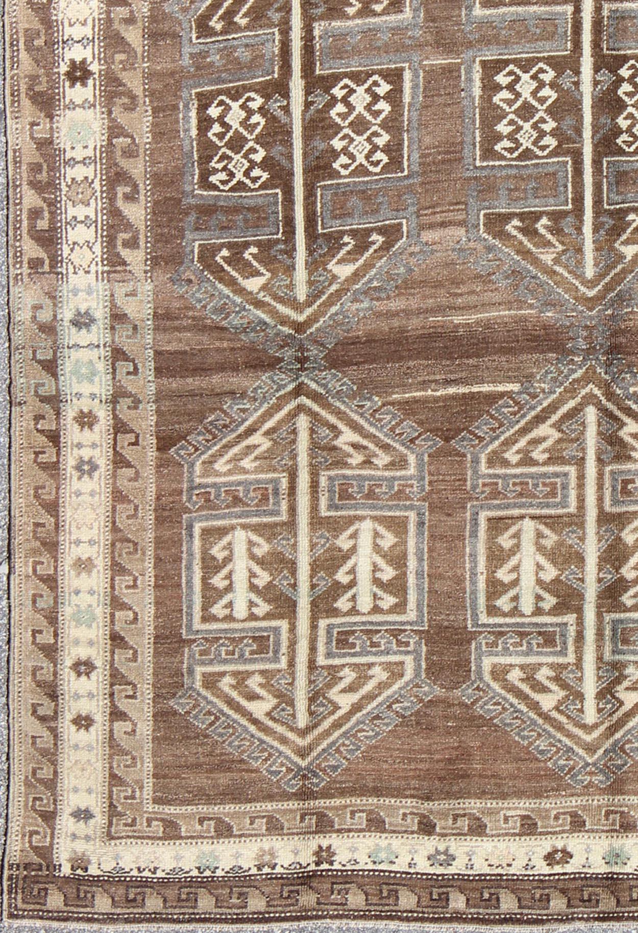 20ième siècle Vintage Turkish Kars Gallery Runner with Geometric Motifs in Brown 6'0 x 11'0 en vente