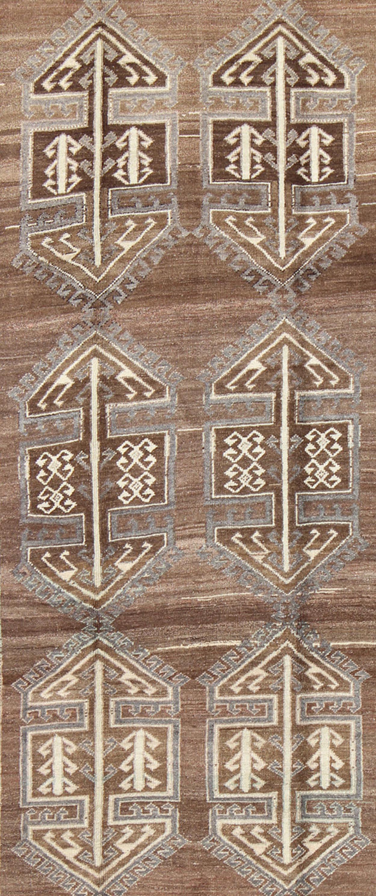 Laine Vintage Turkish Kars Gallery Runner with Geometric Motifs in Brown 6'0 x 11'0 en vente
