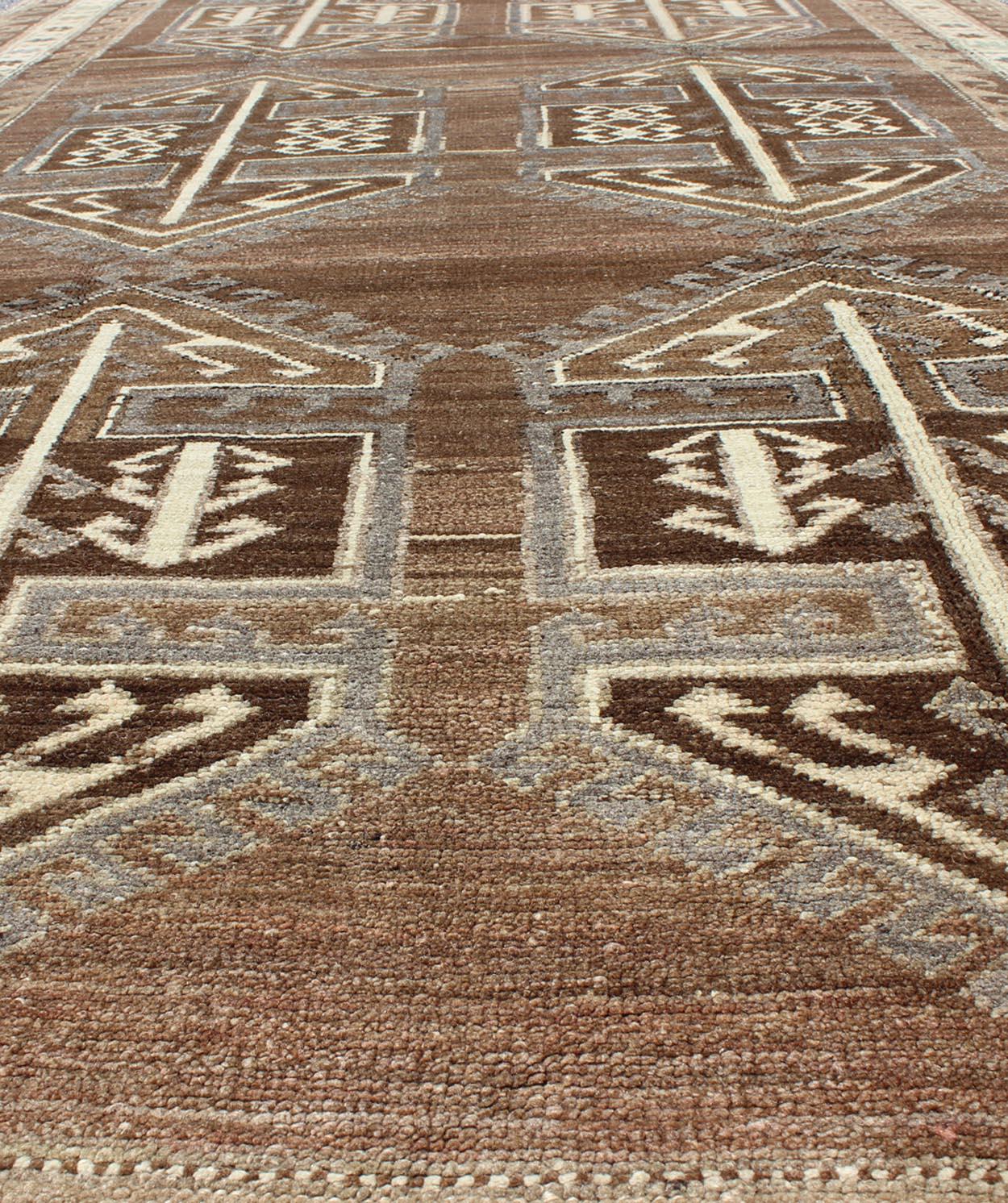 Vintage Turkish Kars Gallery Runner with Geometric Motifs in Brown 6'0 x 11'0 en vente 1