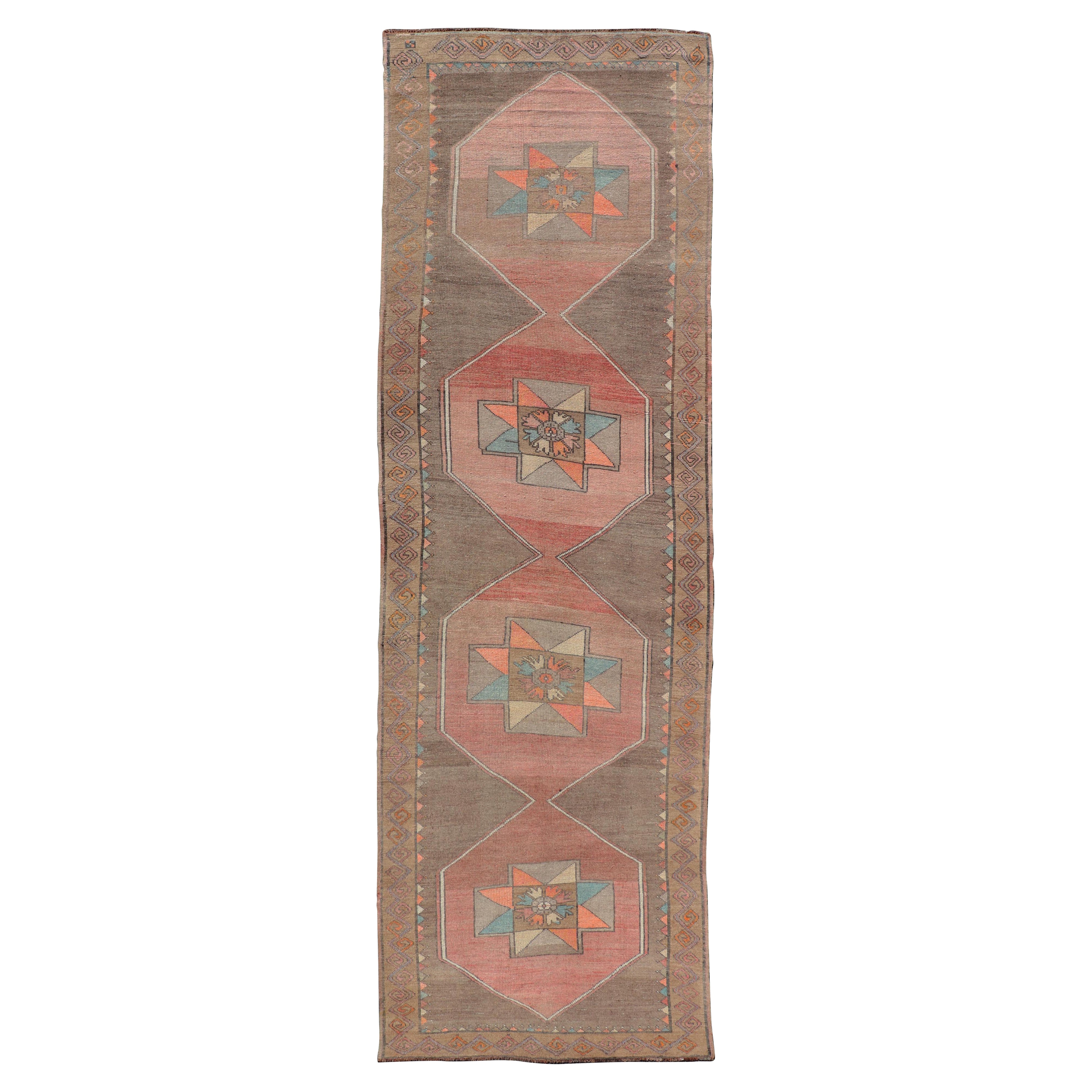 Vintage Turkish Kars Gallery Runner with Muted Orange, Taupe, and Soft Teal