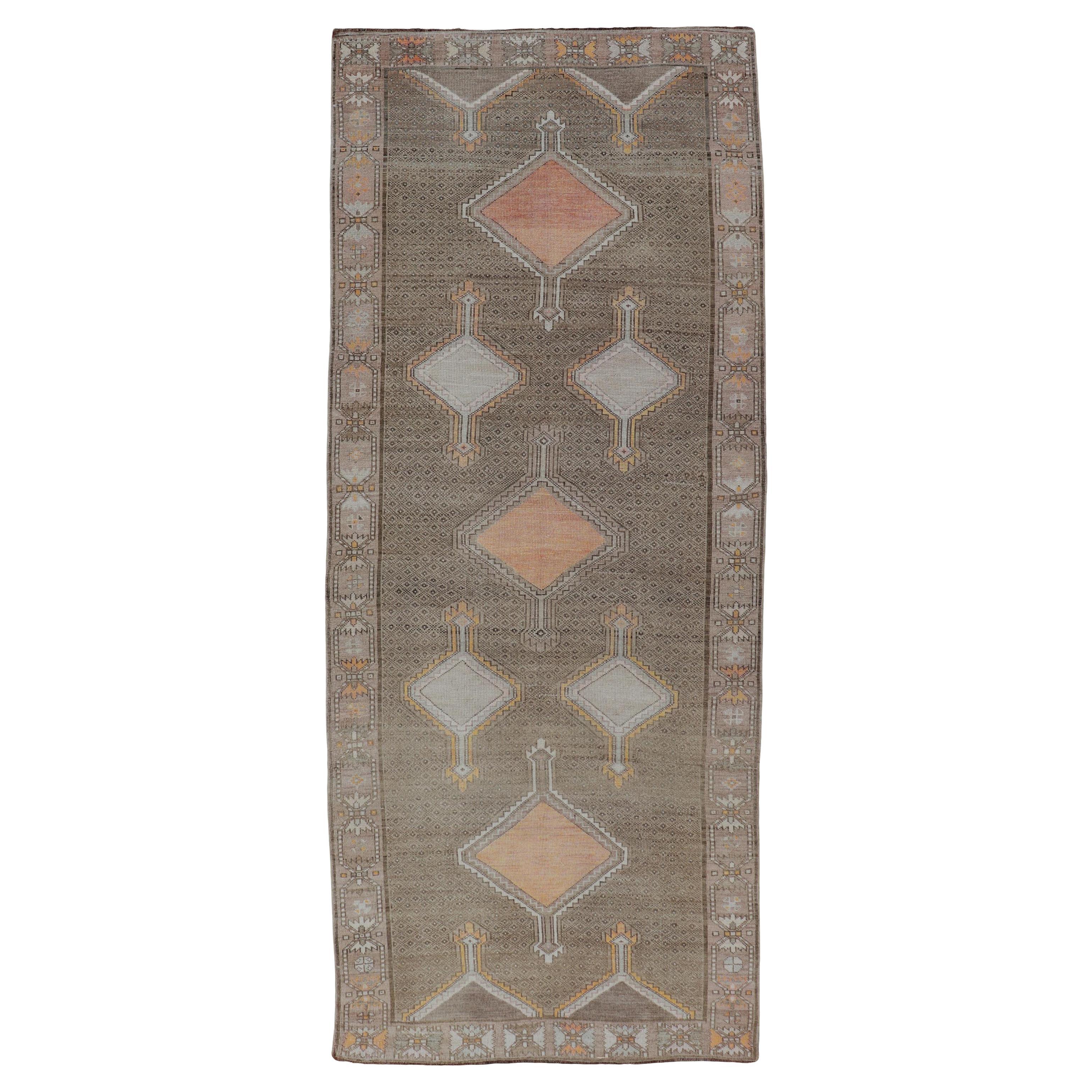 Vintage Turkish Kars Gallery Runner with Soft Taupe, Sand, and Muted Orange For Sale