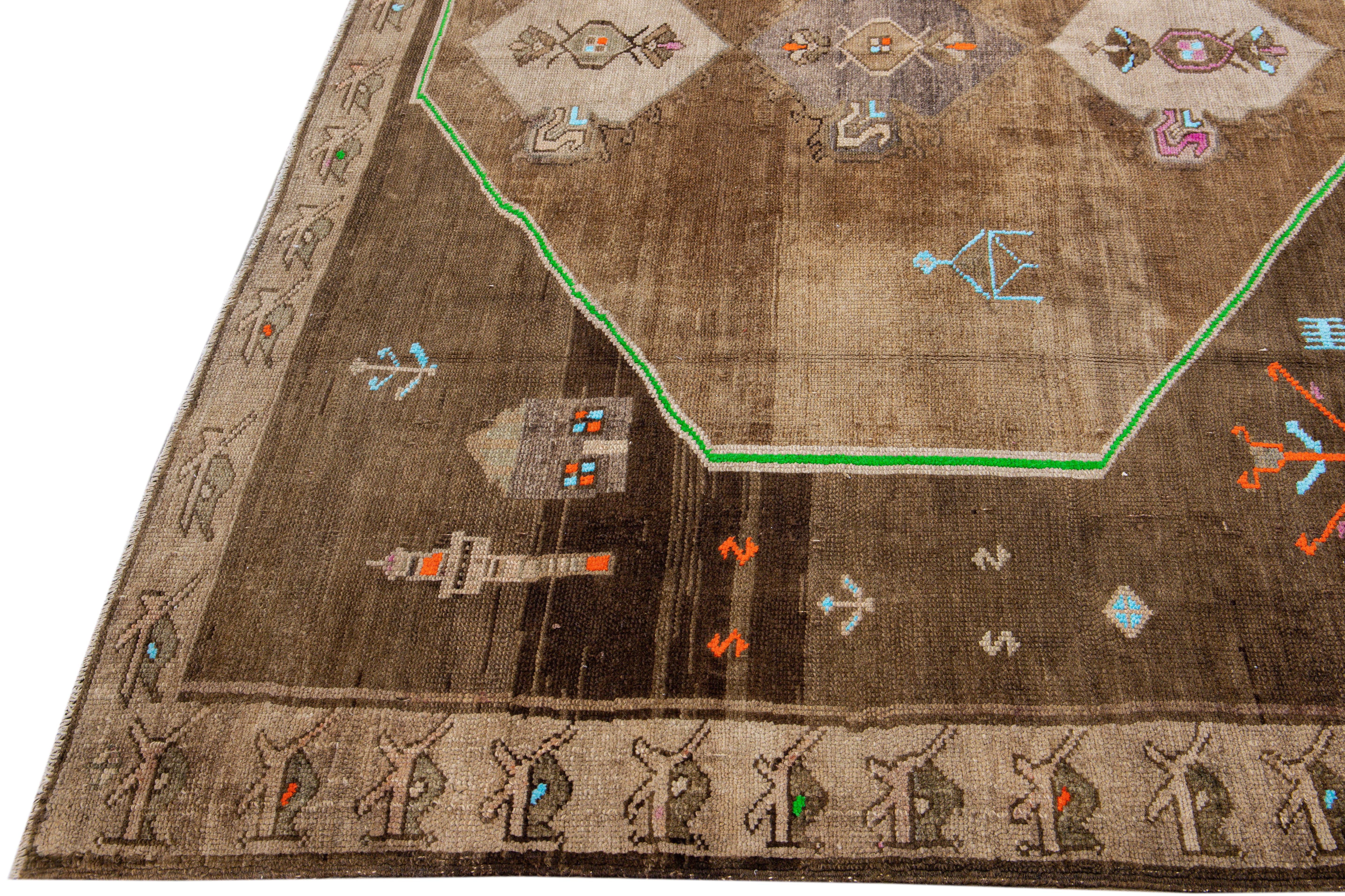 Mid-Century Modern Vintage Turkish Kars Handmade Brown Tribal Designed Wool Rug For Sale