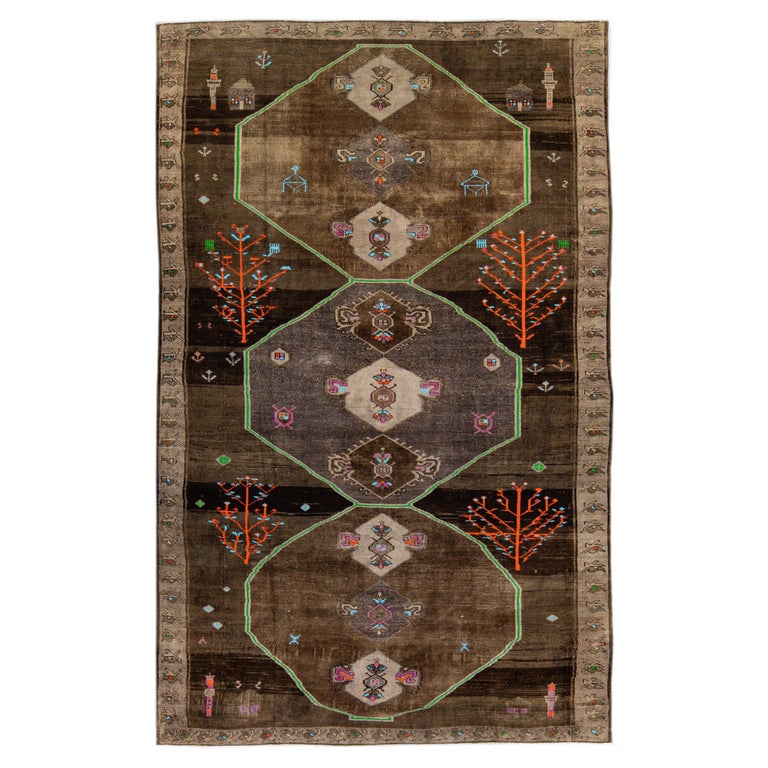 Vintage Turkish Kars Handmade Brown Tribal Designed Wool Rug For Sale ...