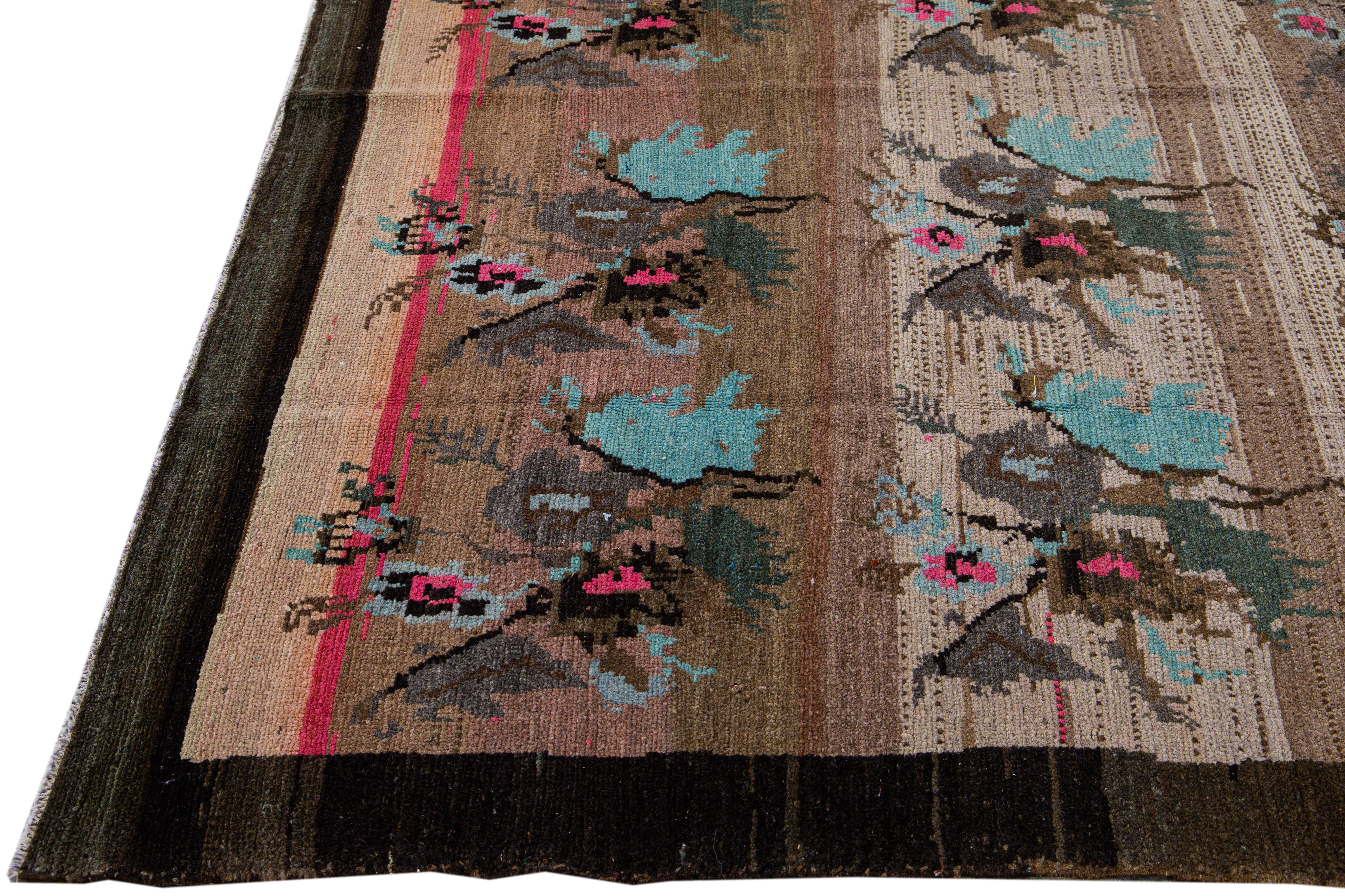 Mid-Century Modern Vintage Turkish Kars Handmade Floral Pattern Peach Wool Rug