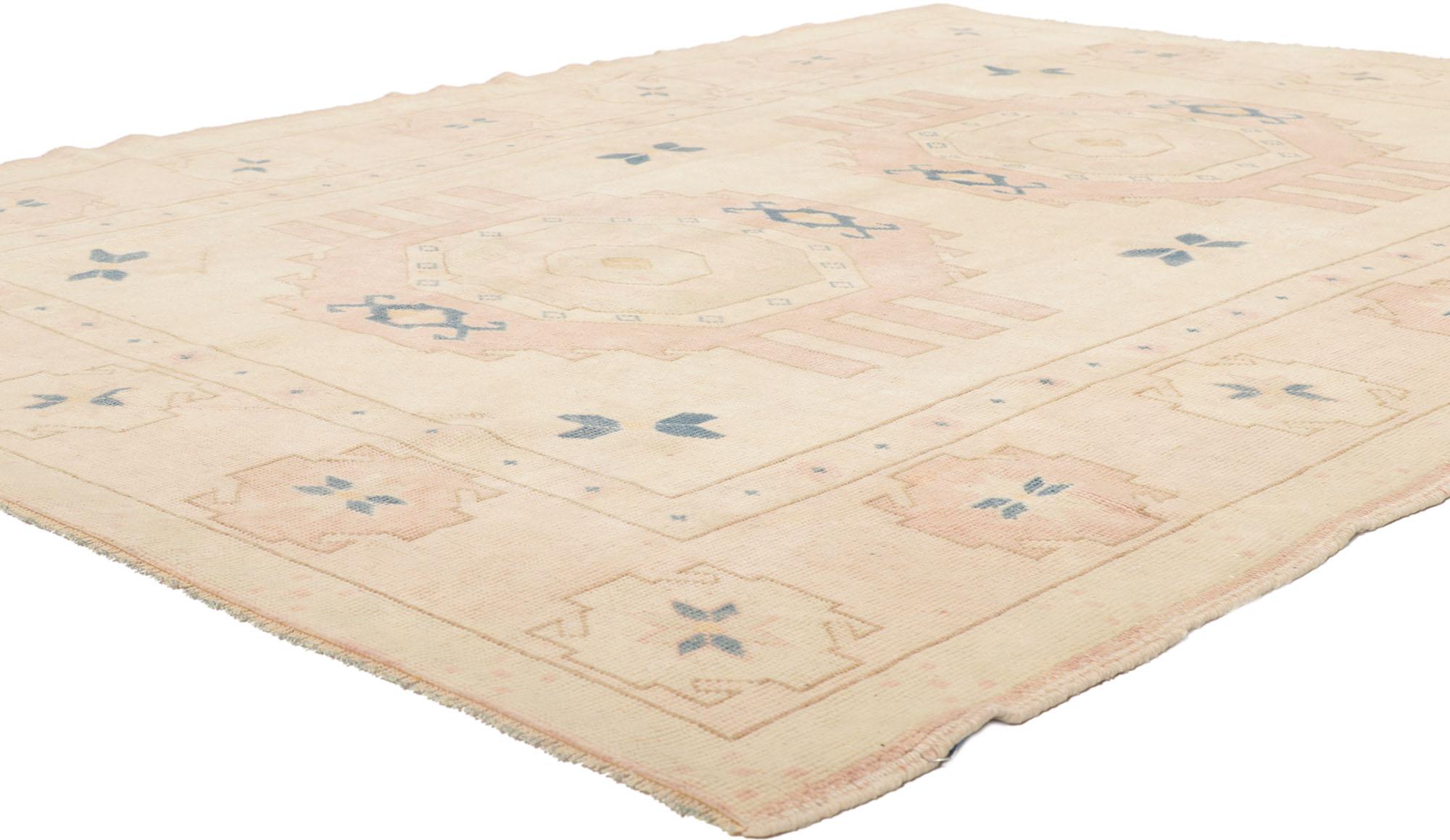 53713 Vintage Turkish Kars Oushak Rug with Modern Bohemian Style 06'00 x 08'00. Full of tiny details and an expressive tribal design, this hand-knotted wool vintage Turkish Kars rug is a captivating vision of woven beauty. The abrashed beige field
