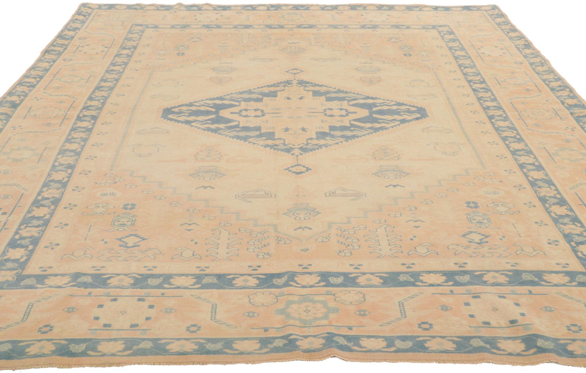 Hand-Knotted Vintage Muted Turkish Oushak Rug, Soft Boho Chic Meets Sophisticated Serenity For Sale
