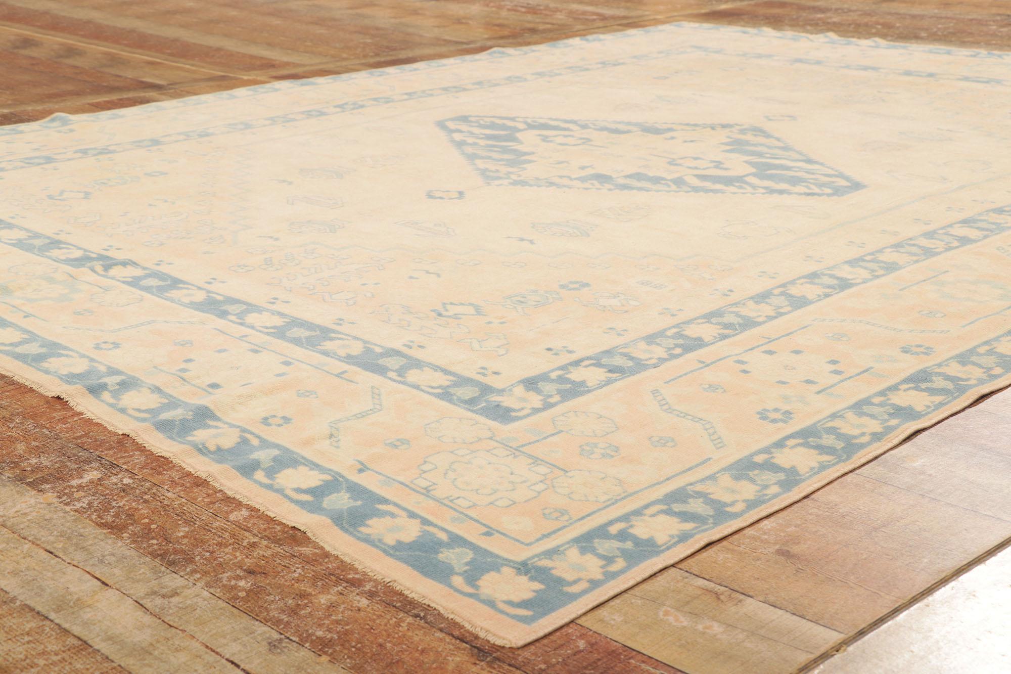 Wool Vintage Muted Turkish Oushak Rug, Soft Boho Chic Meets Sophisticated Serenity For Sale